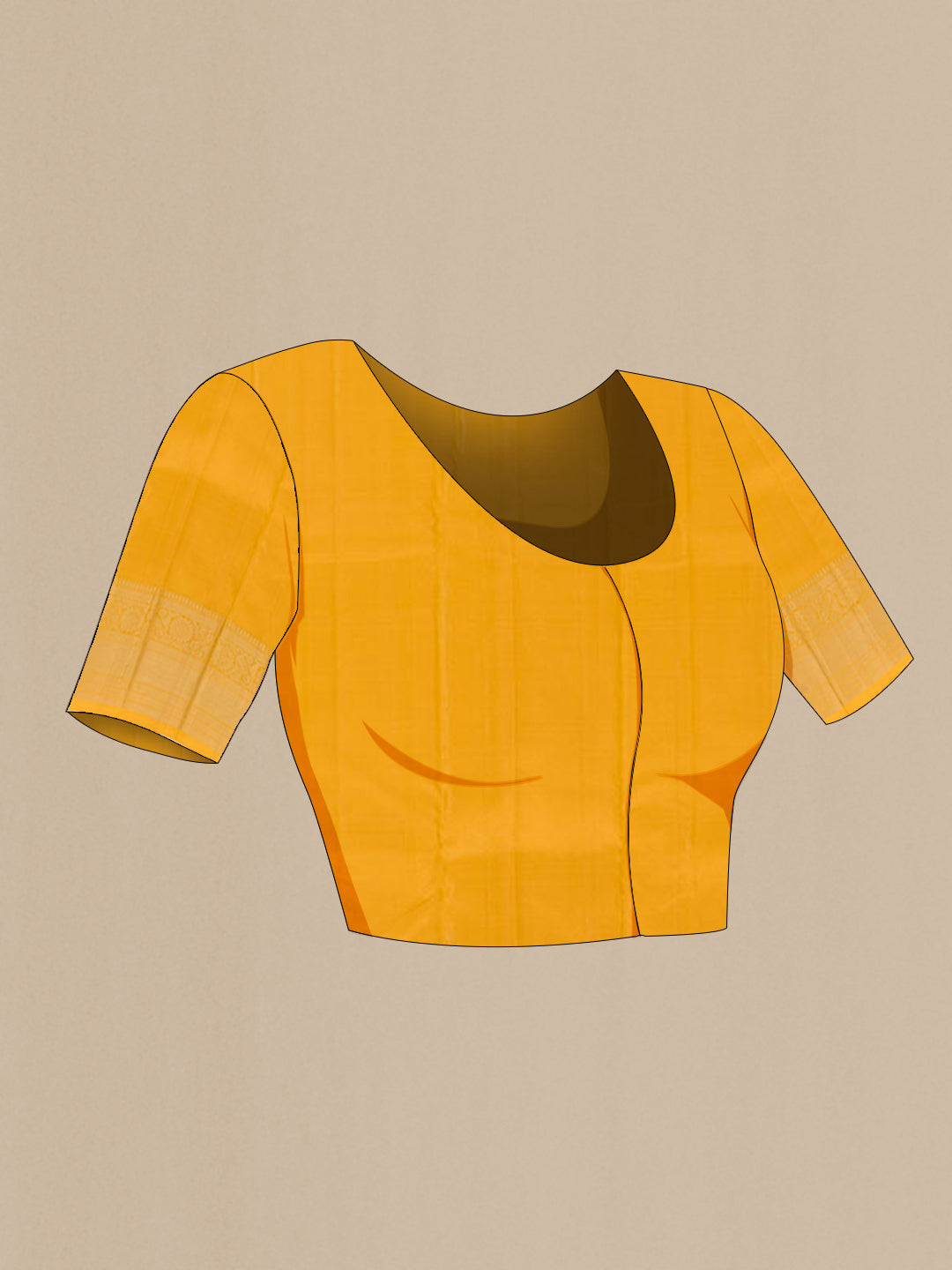 Close up image of the blouse of Yellow Kanchipuram Silk Saree with Zari Butta on the body and Zari Border. 