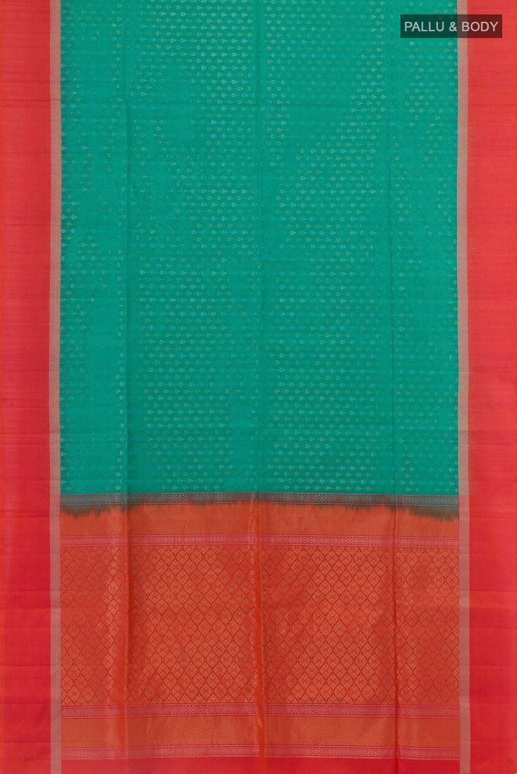 Flat view of Sea Green Soft Silk Saree with Zari Butta on the body and Zari Border. 