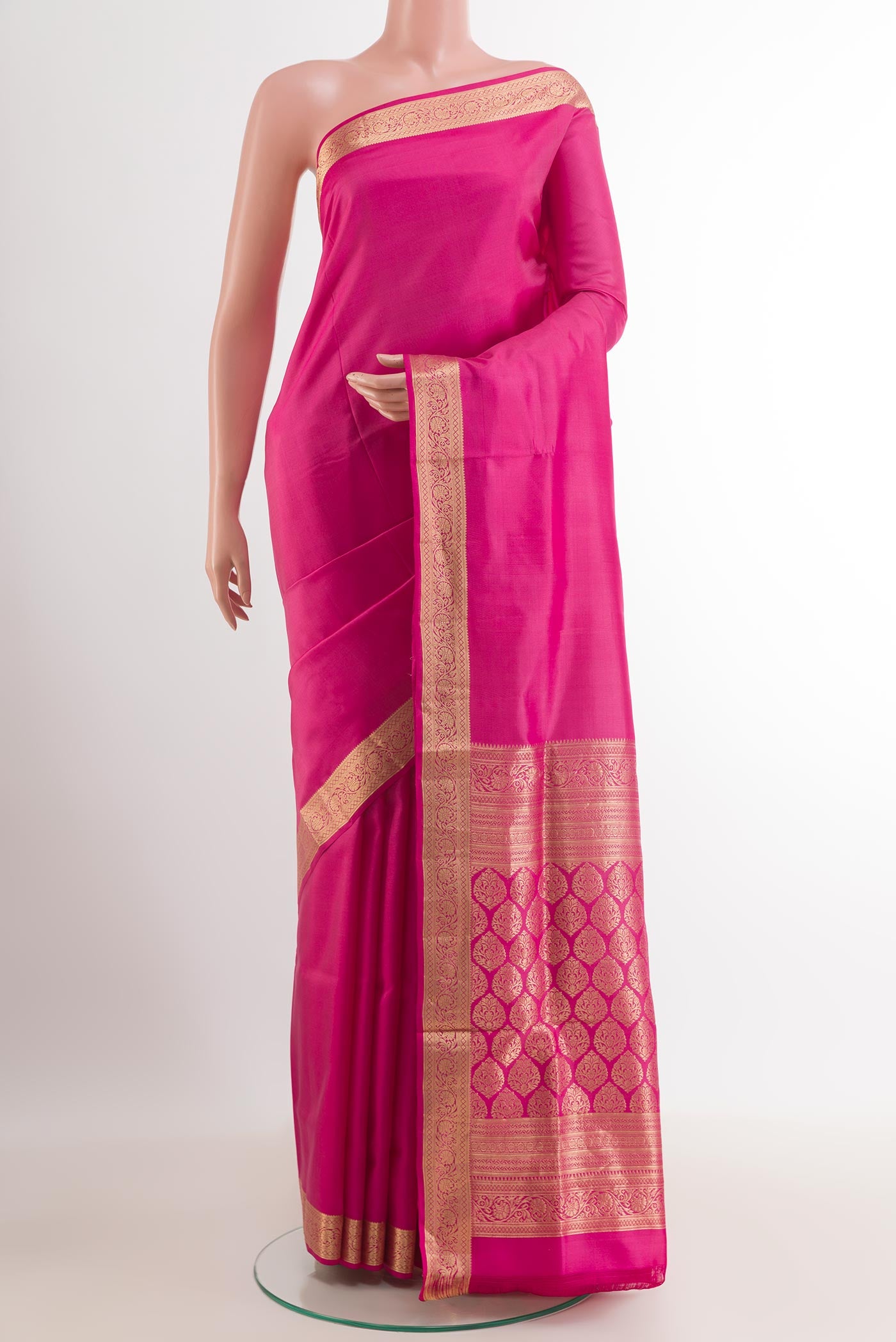 Pink Dual Tone Soft Silk Saree with Plain Body and Zari Border.  displayed on a mannequin