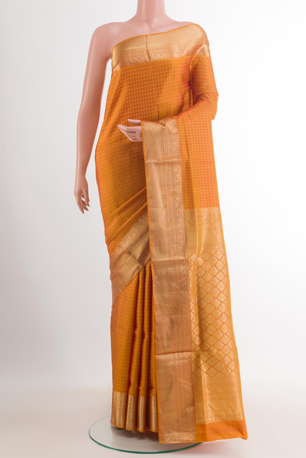 Yellow Dual Tone Soft Silk Saree with Zari Butta on the body and Zari Border.  displayed on a mannequin