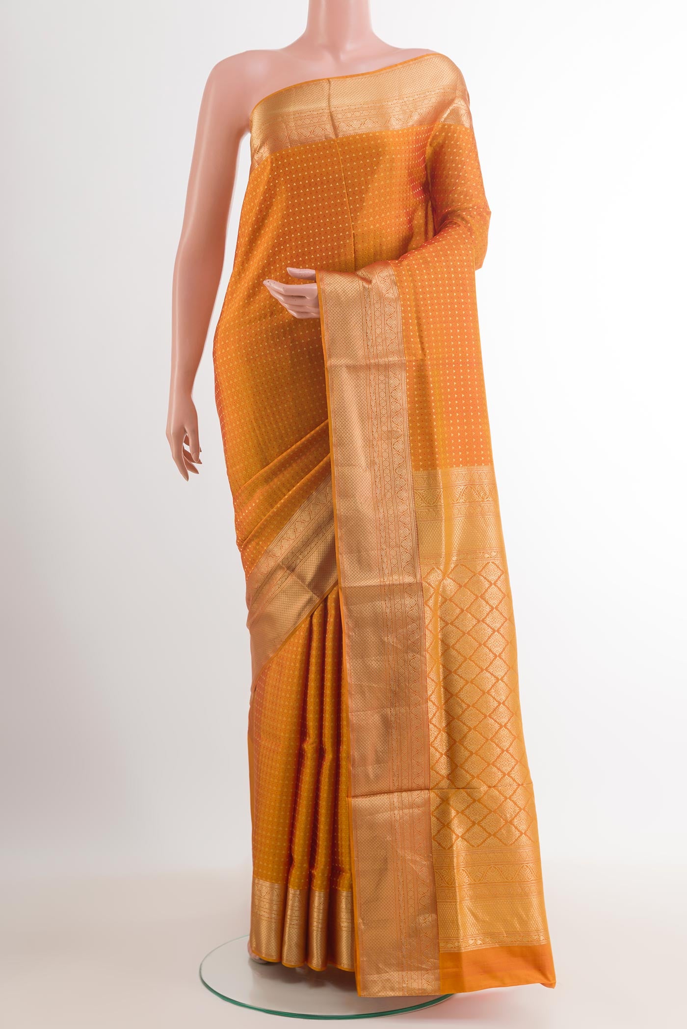 Yellow Dual Tone Soft Silk Saree with Zari Butta on the body and Zari Border.  displayed on a mannequin