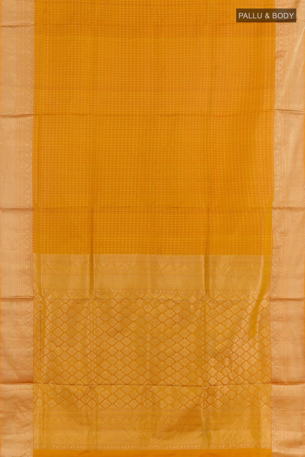 Flat view of Yellow Dual Tone Soft Silk Saree with Zari Butta on the body and Zari Border. 