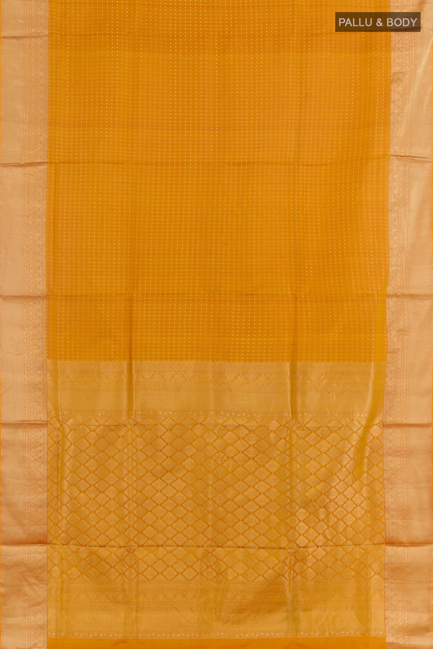 Flat view of Yellow Dual Tone Soft Silk Saree with Zari Butta on the body and Zari Border. 