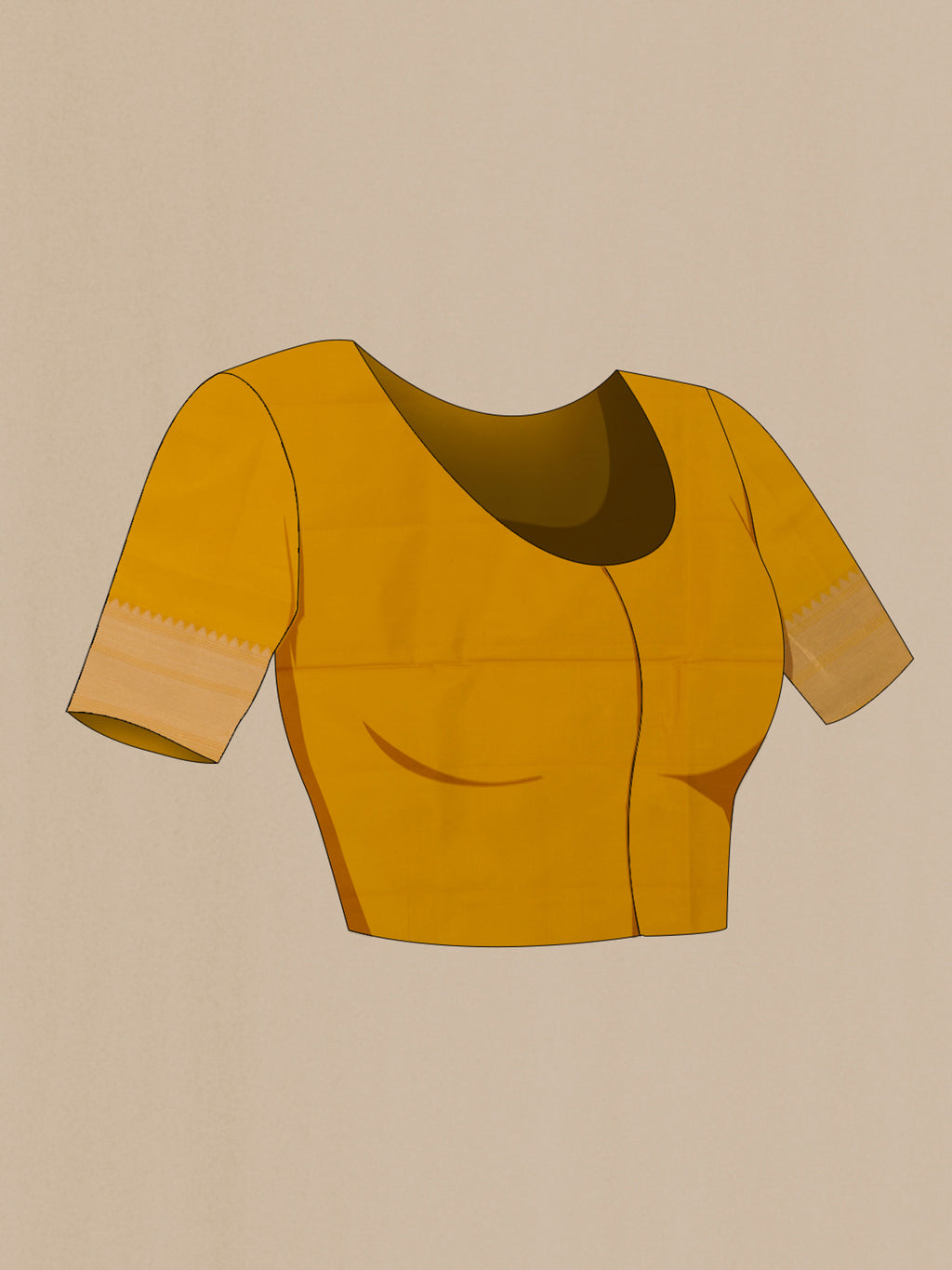 Close up image of the blouse of Pure Silk Yellow Soft Saree with Zari Brocade on the body and Zari Border. 