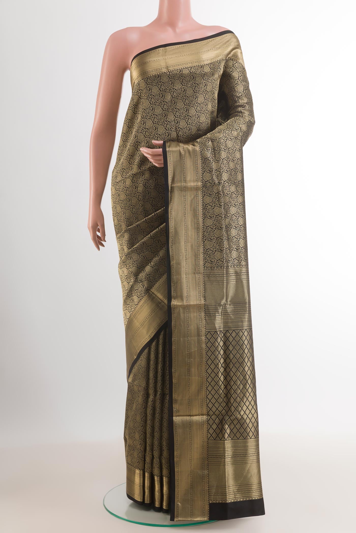 Black Dual Tone Soft Silk Saree with Zari Brocade on the body and Zari Border.  displayed on a mannequin