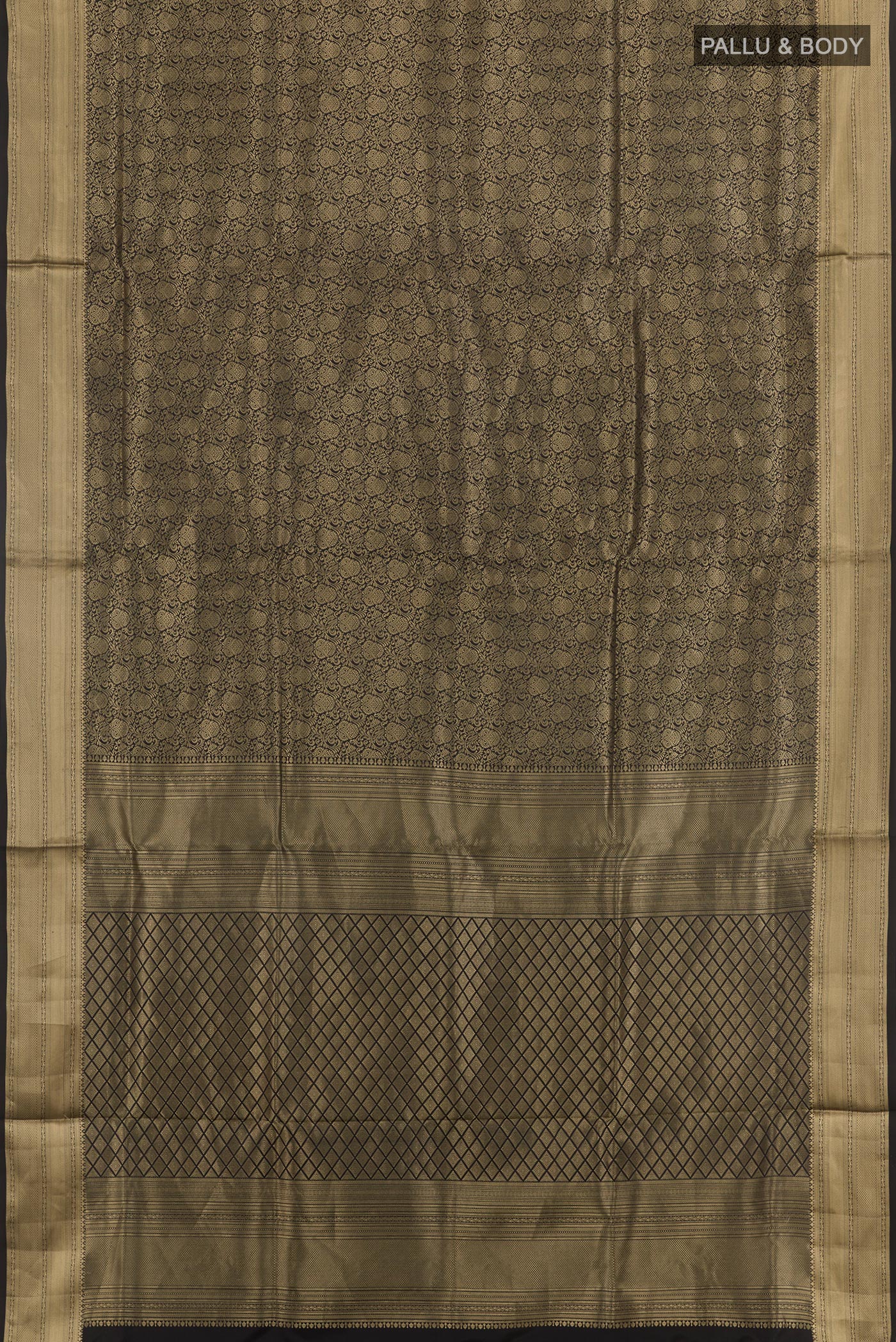 Flat view of Black Dual Tone Soft Silk Saree with Zari Brocade on the body and Zari Border. 