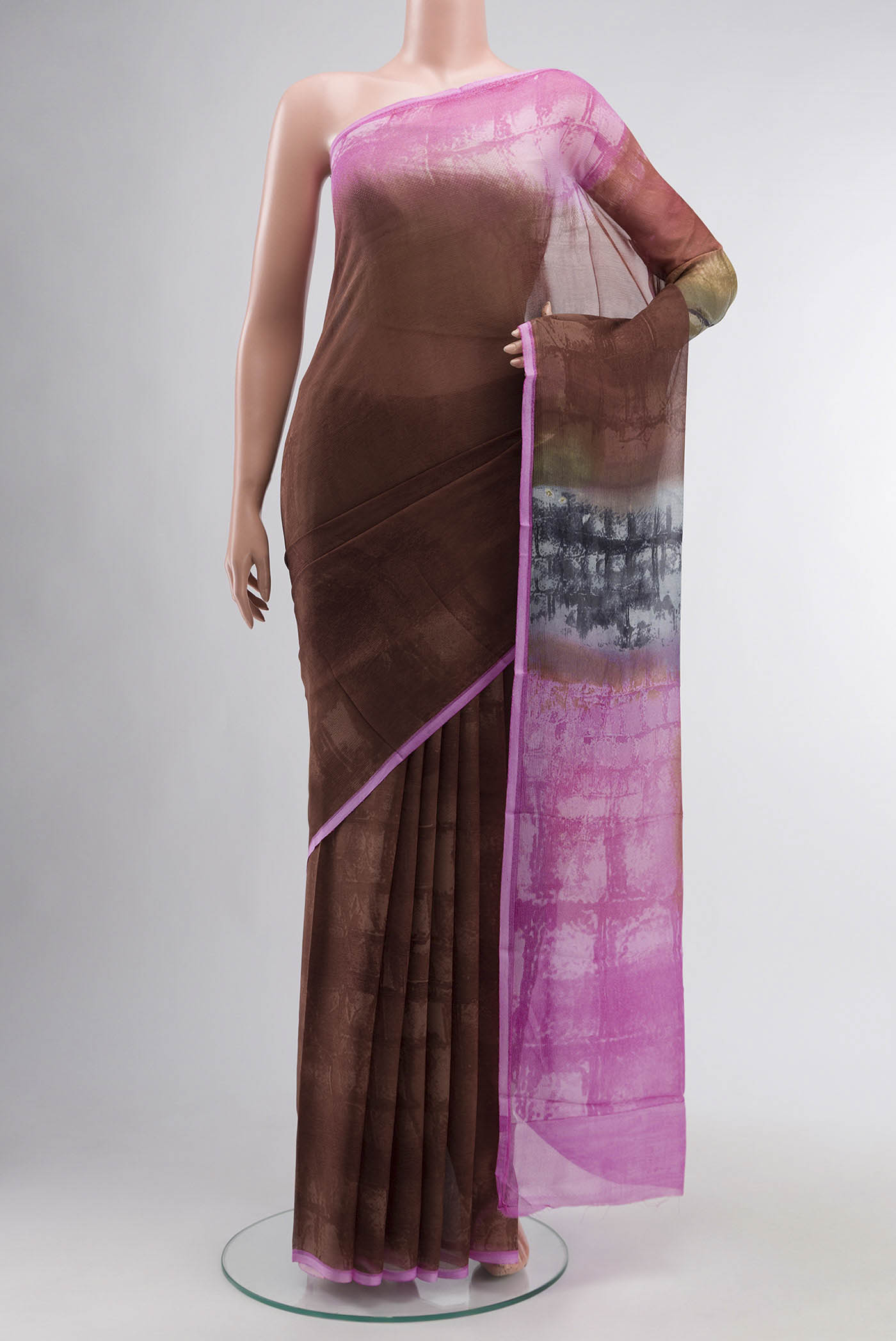 Multi Color Mysore Chiffon Saree with Plain Body and Plain Border displayed on a mannequin