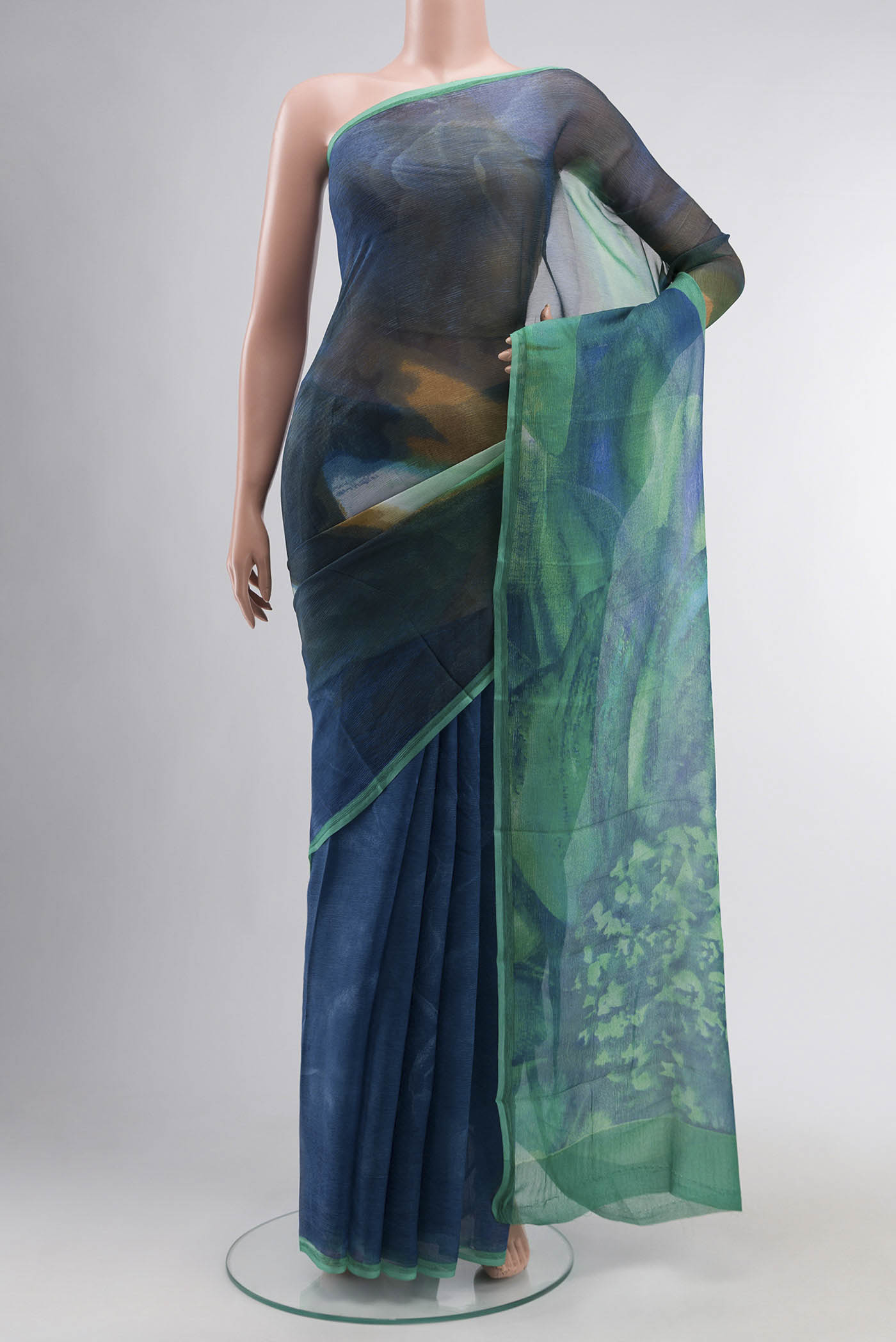 Multi Color Mysore Chiffon Saree with Plain Body and Plain Border displayed on a mannequin