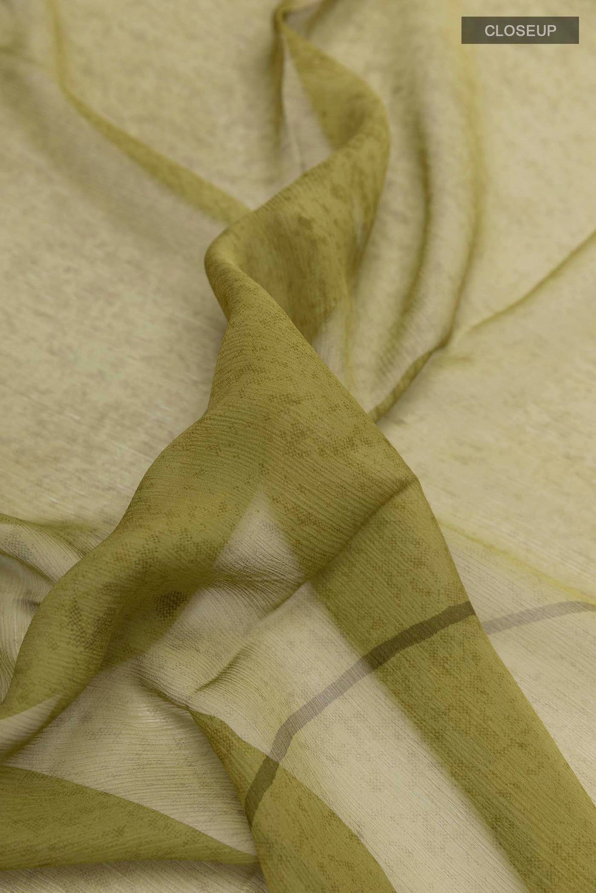 Close up of Green Chiffon Saree with Floral Print on the body and Plain Border displaying folds