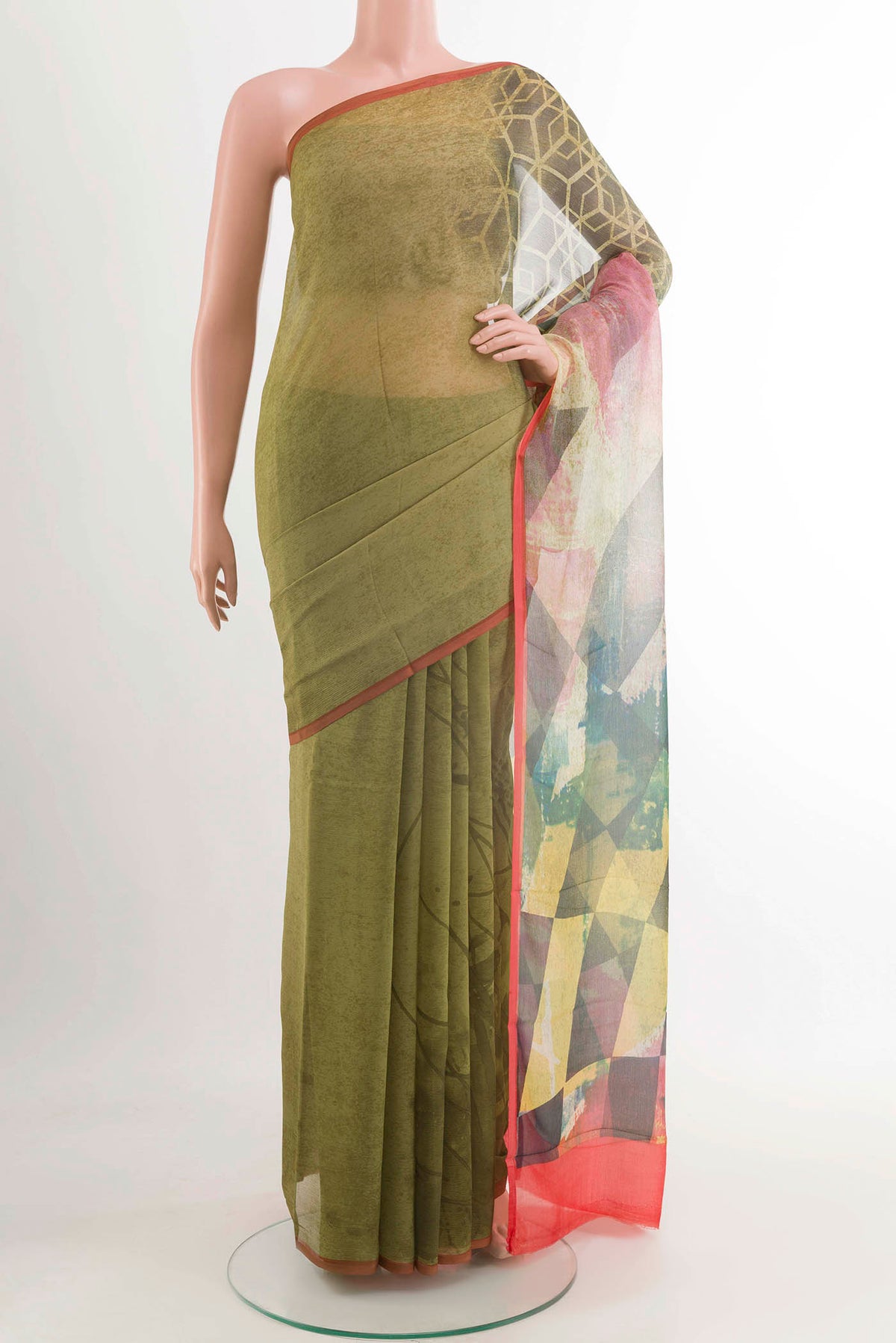 Green Chiffon Saree with Floral Print on the body and Plain Border displayed on a mannequin