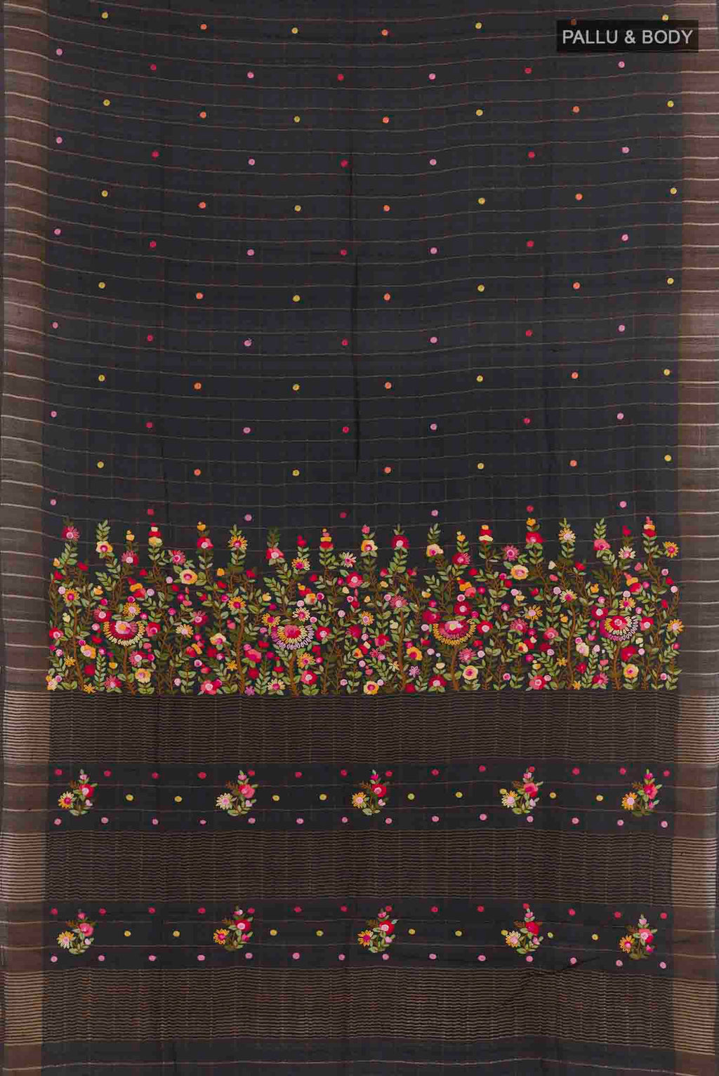 Flat view of Black Tussar Silk Saree with Embroidery on the body and Zari Border