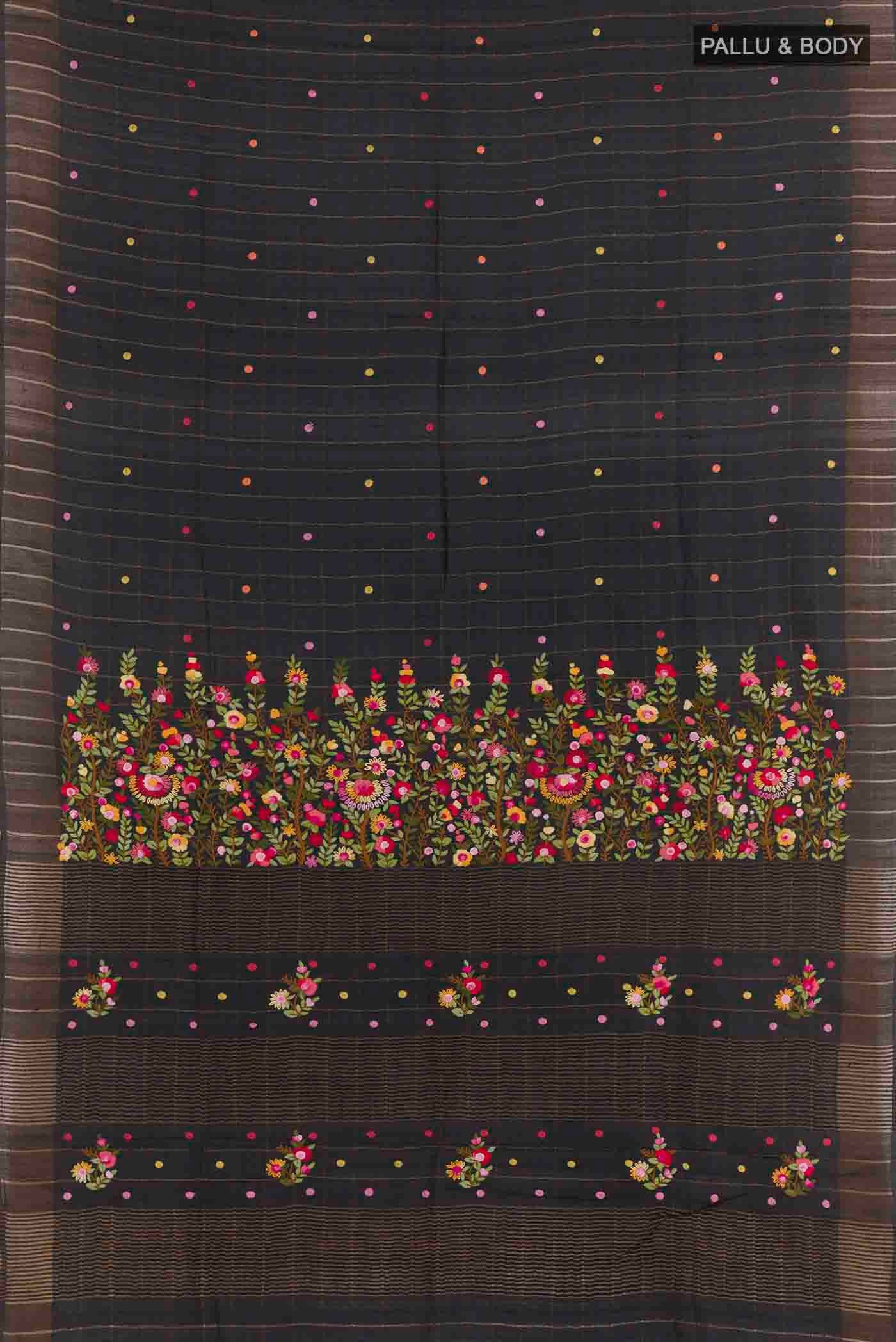 Flat view of Black Tussar Silk Saree with Embroidery on the body and Zari Border