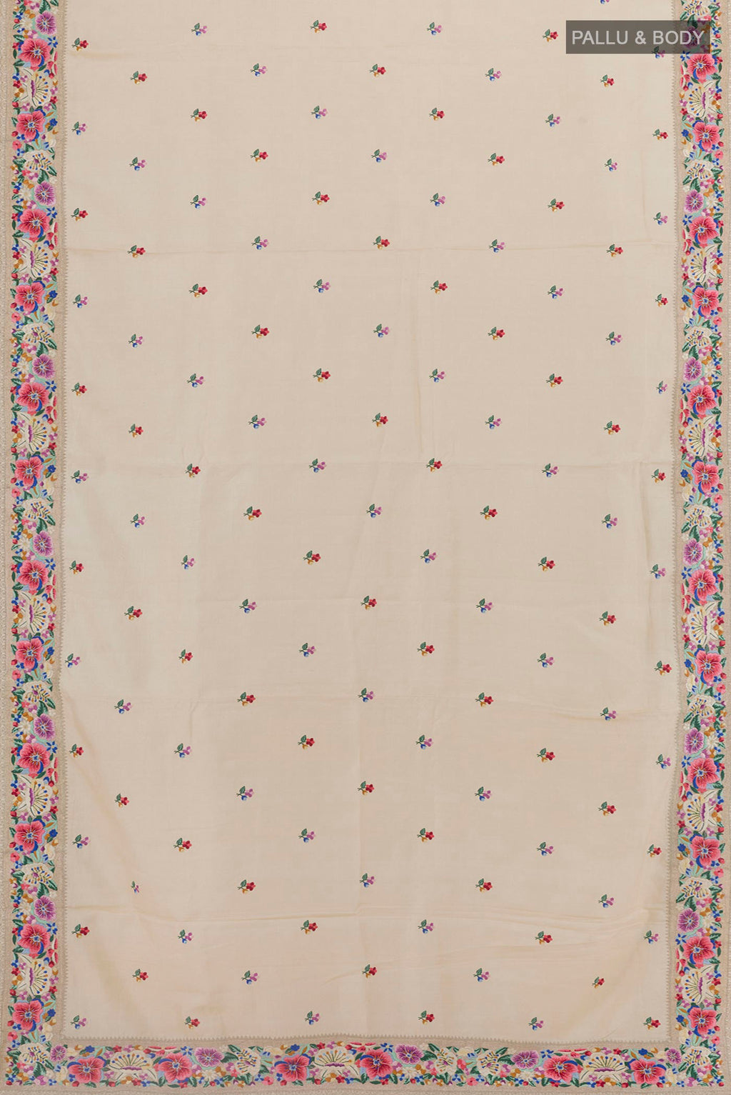 Flat view of Off White Tussar Silk Saree with Embroidery on the body and Embroidery Border. 