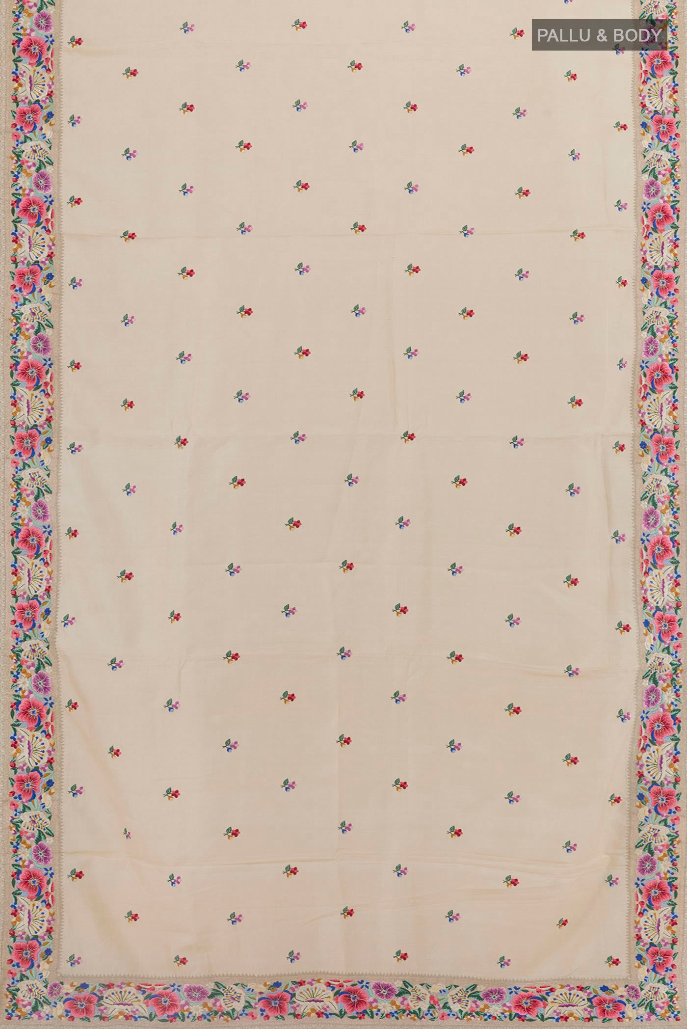Flat view of Off White Tussar Silk Saree with Embroidery on the body and Embroidery Border. 