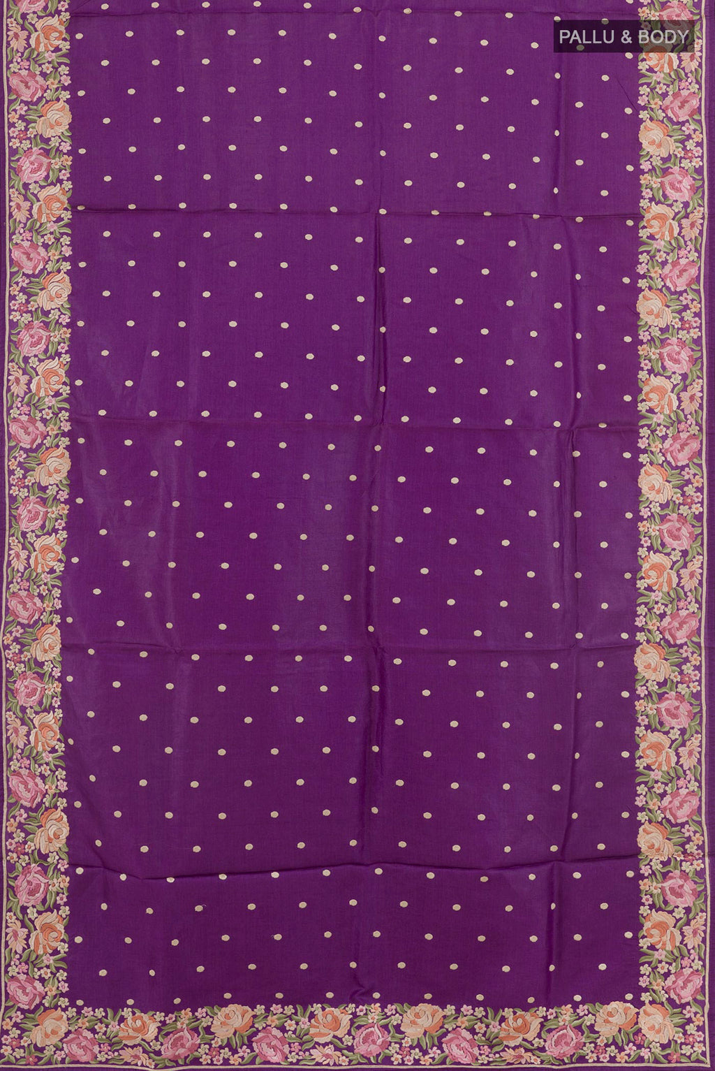 Flat view of Purple Tussar Saree with Embroidery on the body and Embroidery Border. 