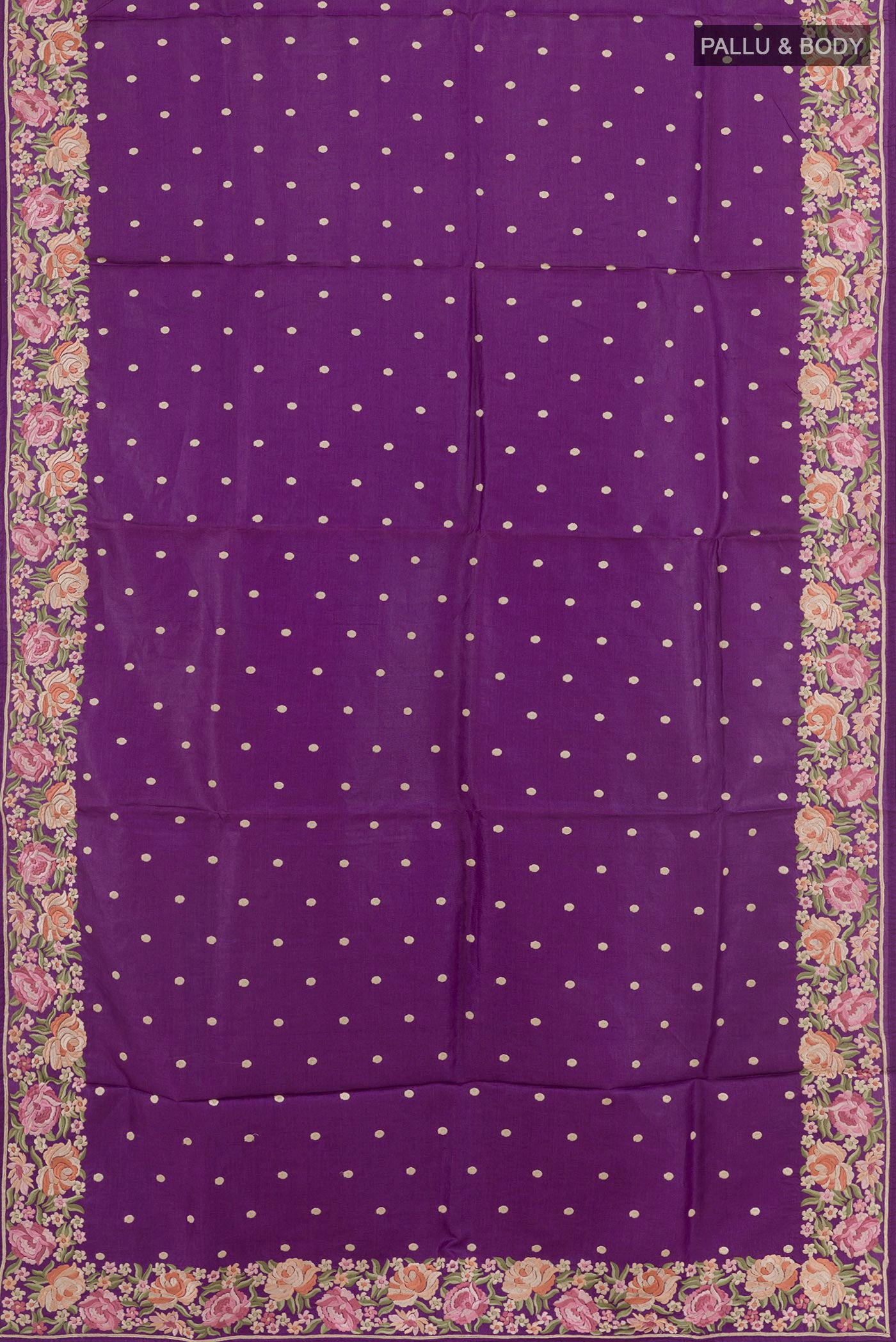 Flat view of Purple Tussar Saree with Embroidery on the body and Embroidery Border. 