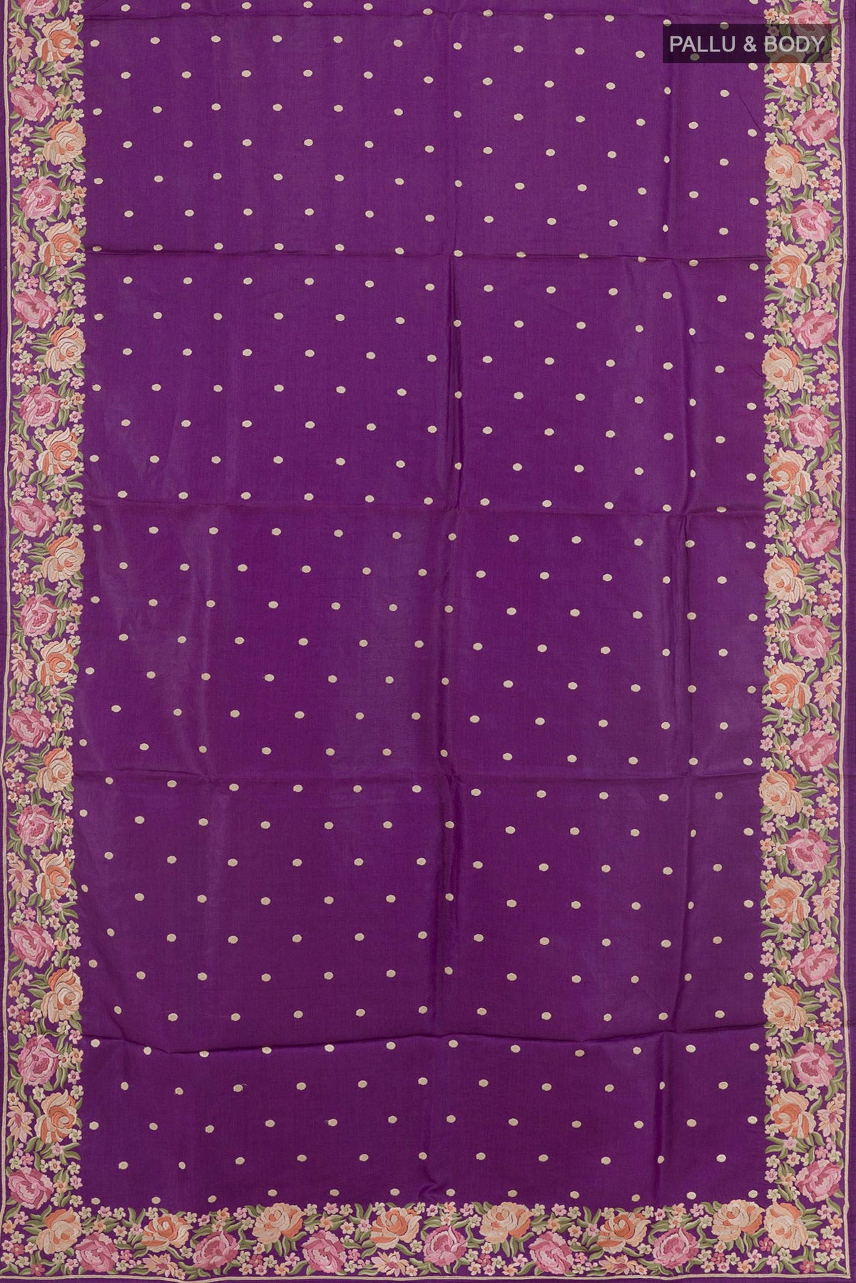 Flat view of Purple Tussar Saree with Embroidery on the body and Embroidery Border. 