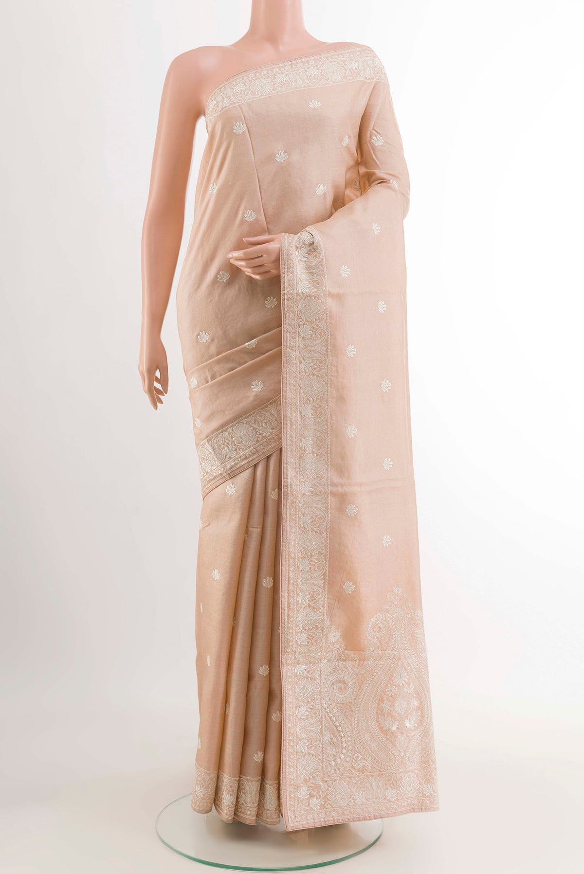 Imperial Pink Tussar Saree with Thread Butta on the body and Embroidery Border displayed on a mannequin