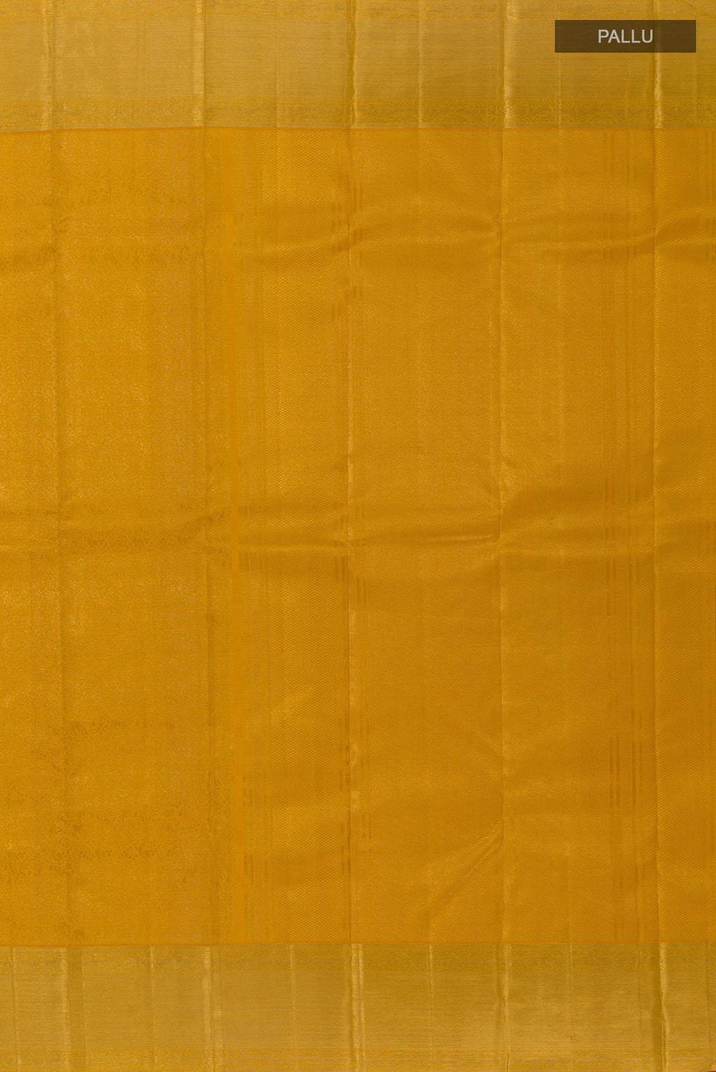 Close up image of the pallu of Pure Silk Yellow Kanchipuram Saree with Zari Brocade on the body and Zari Border. 