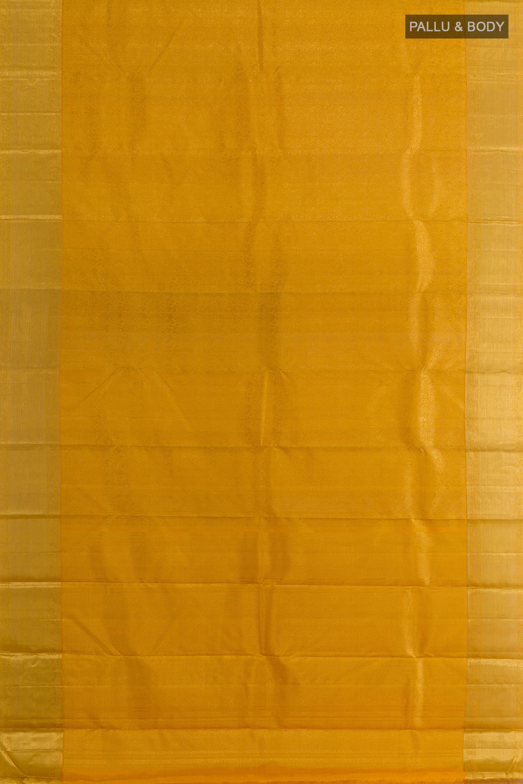 Flat view of Pure Silk Yellow Kanchipuram Saree with Zari Brocade on the body and Zari Border. 