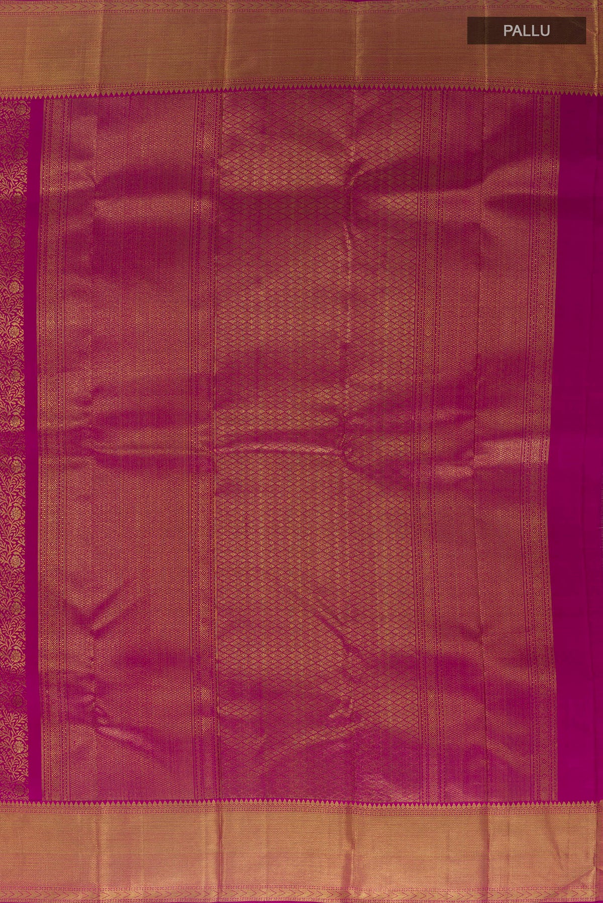 Close up image of the pallu of Pure Silk Pure Zari Magenta Kanjivaram Saree with Zari Brocade on the body and Zari Border. 