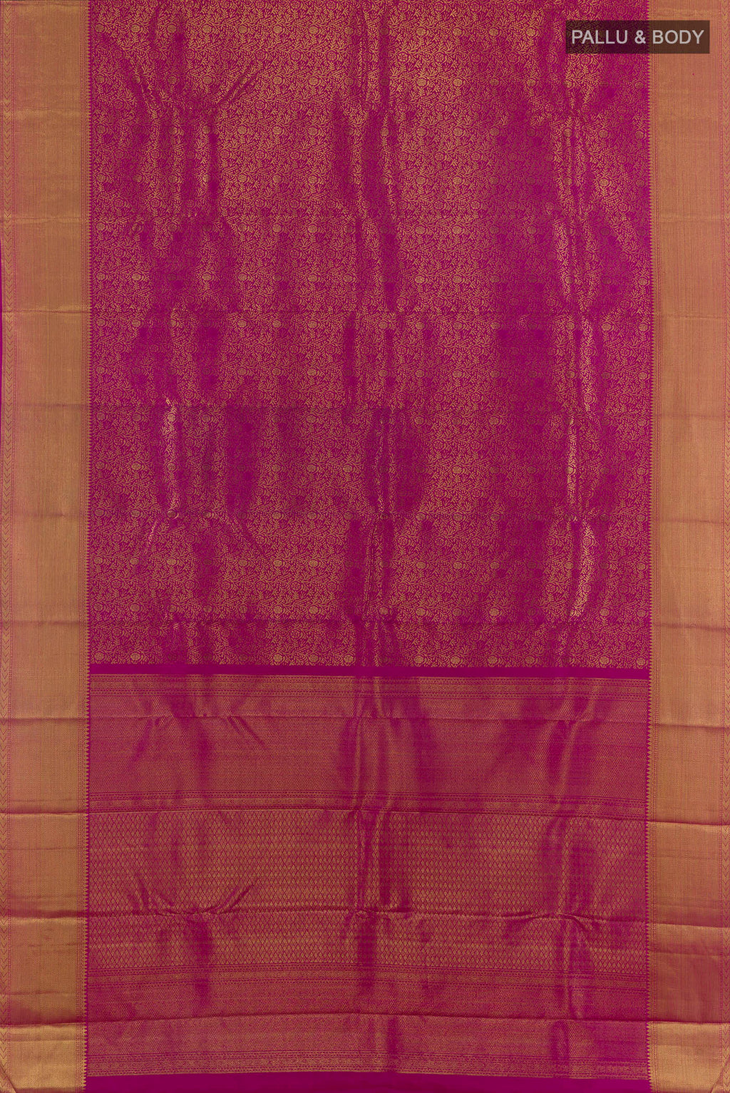 Flat view of Pure Silk Pure Zari Magenta Kanjivaram Saree with Zari Brocade on the body and Zari Border. 