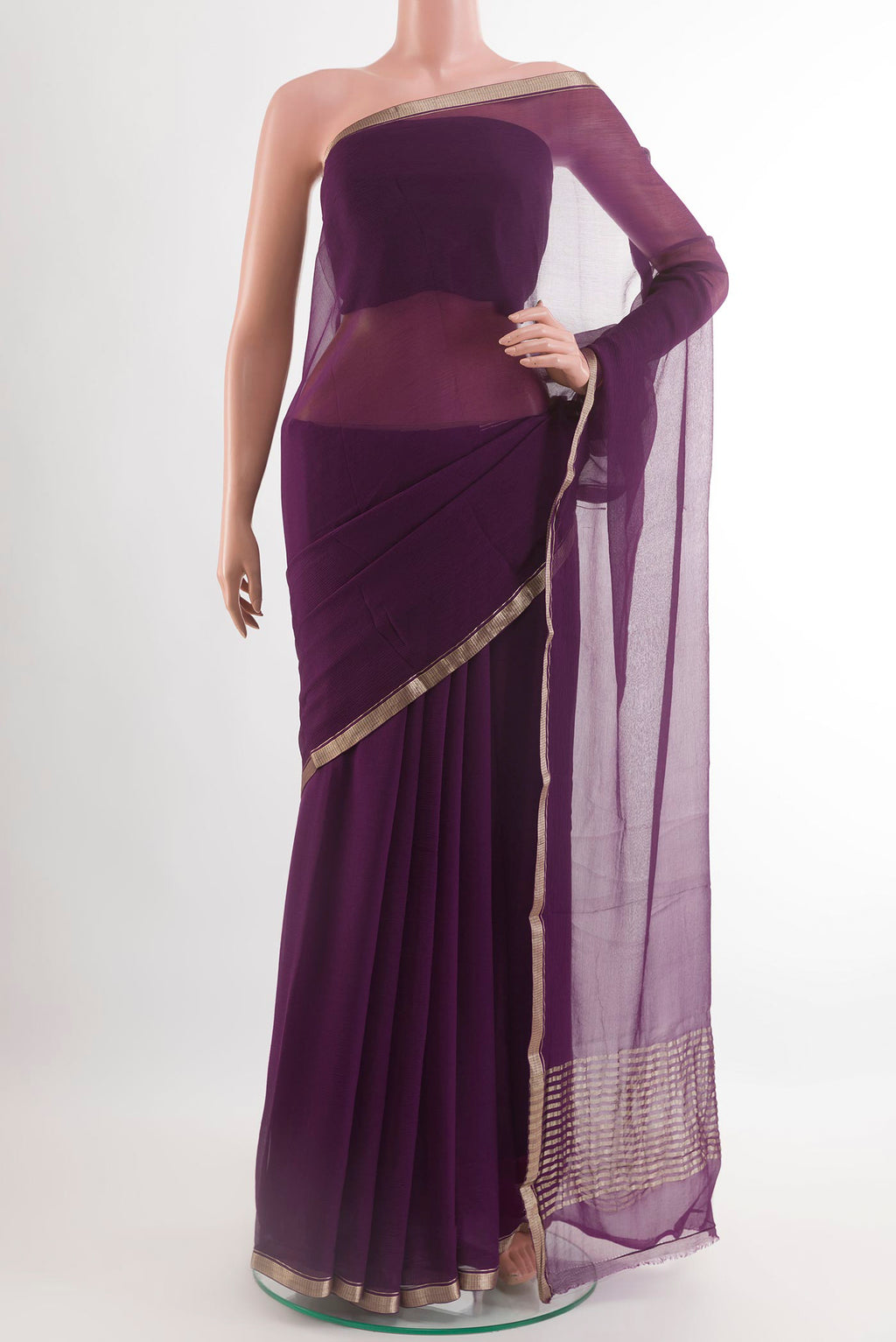 Purple Mysore Chiffon Saree with Plain Body and Plain Border.  displayed on a mannequin