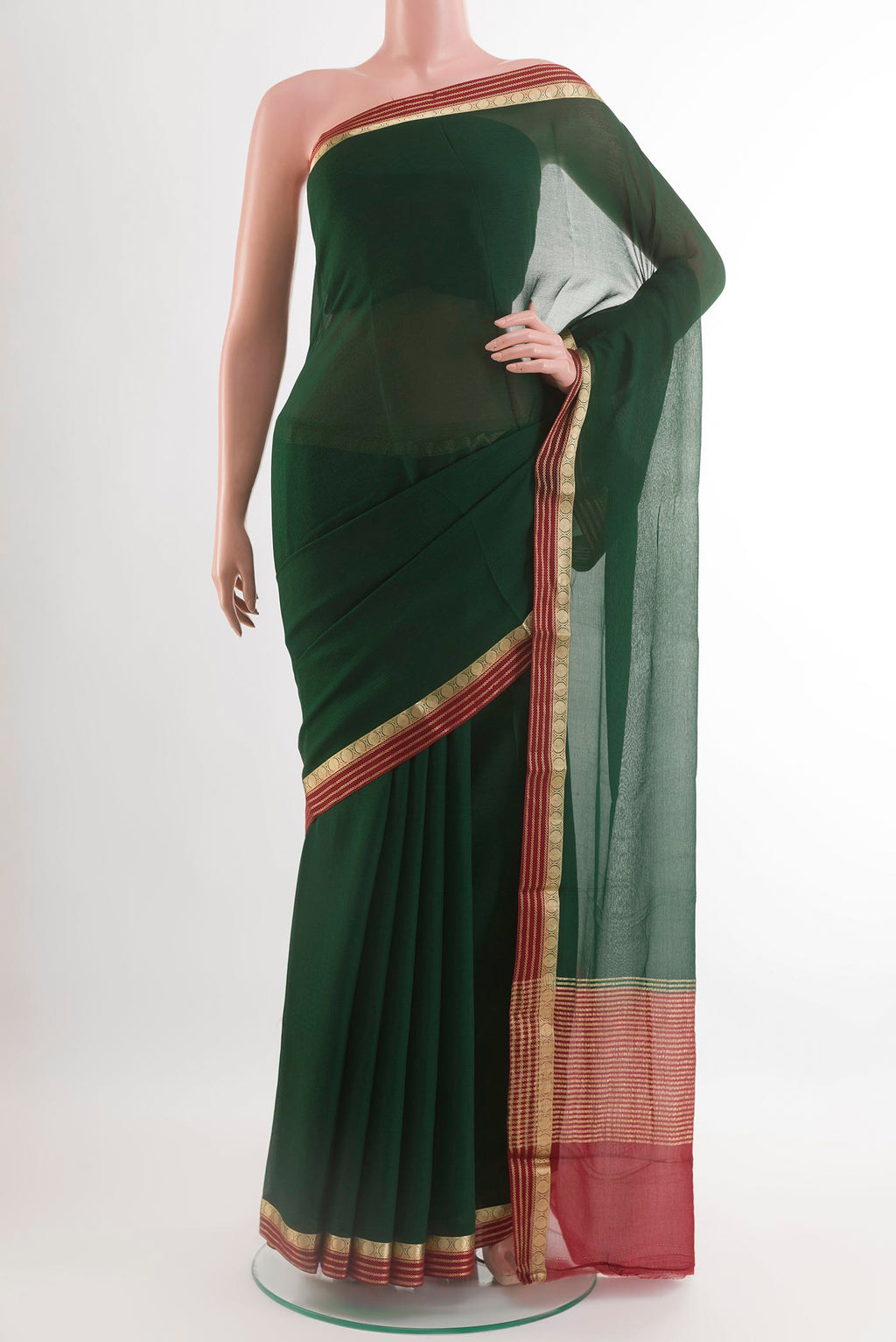 Green Mysore Chiffon Saree with Plain Body and Plain Border.  displayed on a mannequin