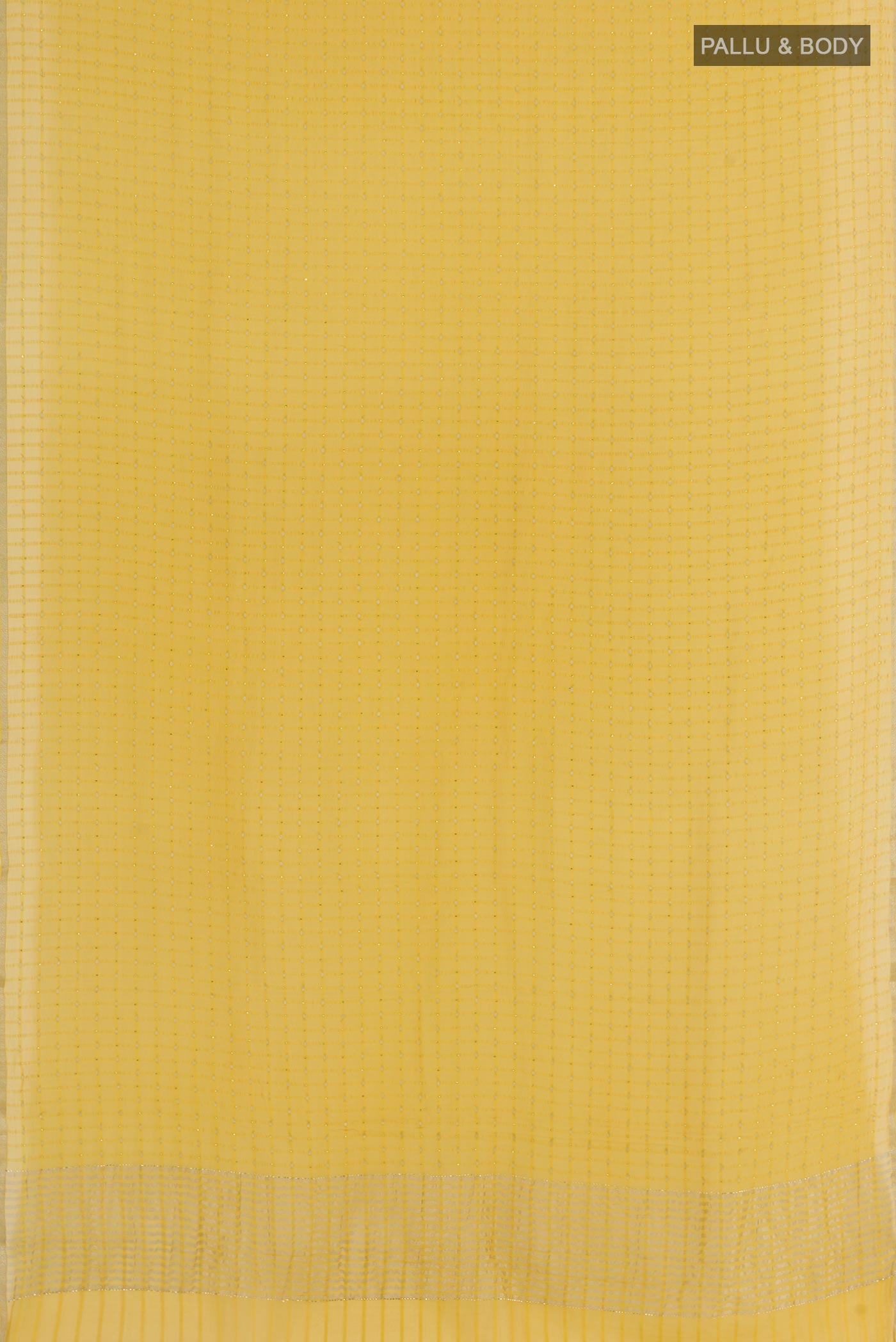 Flat view of Yellow Mysore Chiffon Saree with Checked design on the body and Zari Border. 