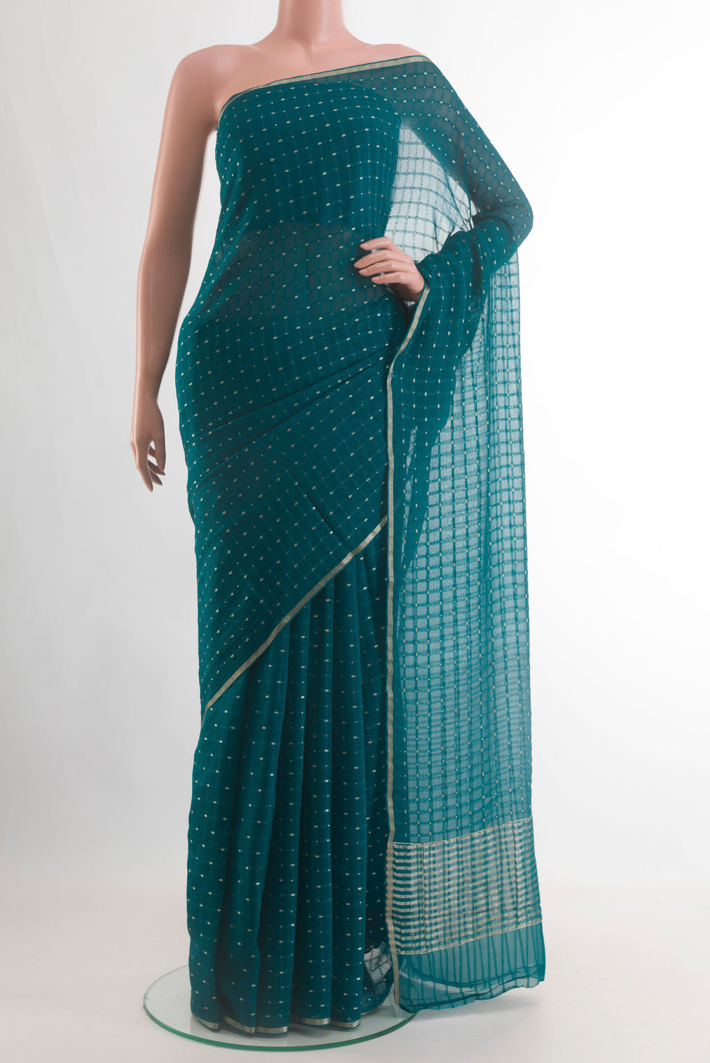 Blue Mysore Chiffon Saree with Zari Butta on the body and Zari Border.  displayed on a mannequin