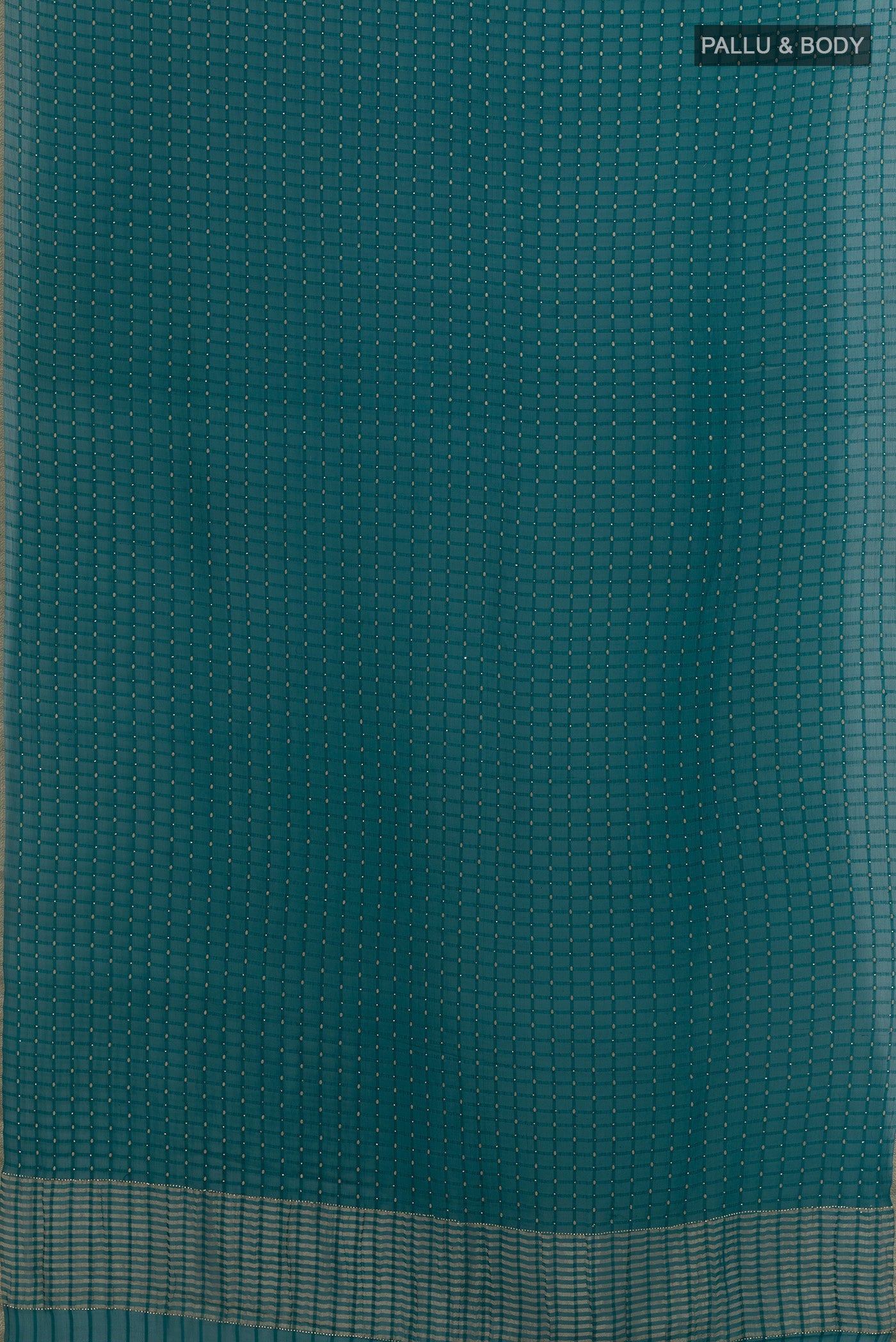 Flat view of Blue Mysore Chiffon Saree with Zari Butta on the body and Zari Border. 
