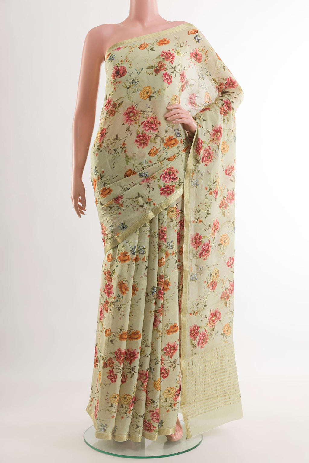Beige Mysore Chiffon Saree with Floral Print on the body and Zari Border.  displayed on a mannequin