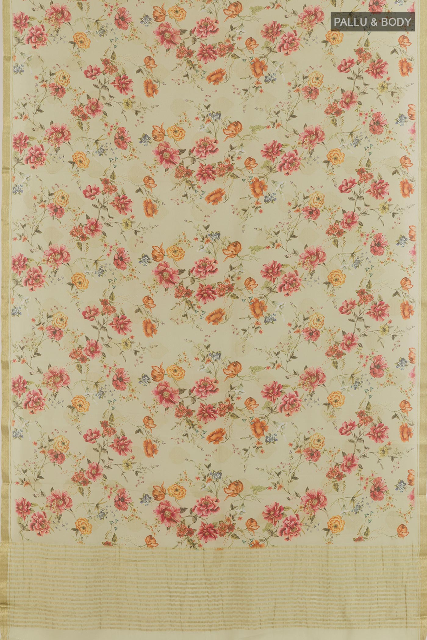 Flat view of Beige Mysore Chiffon Saree with Floral Print on the body and Zari Border. 