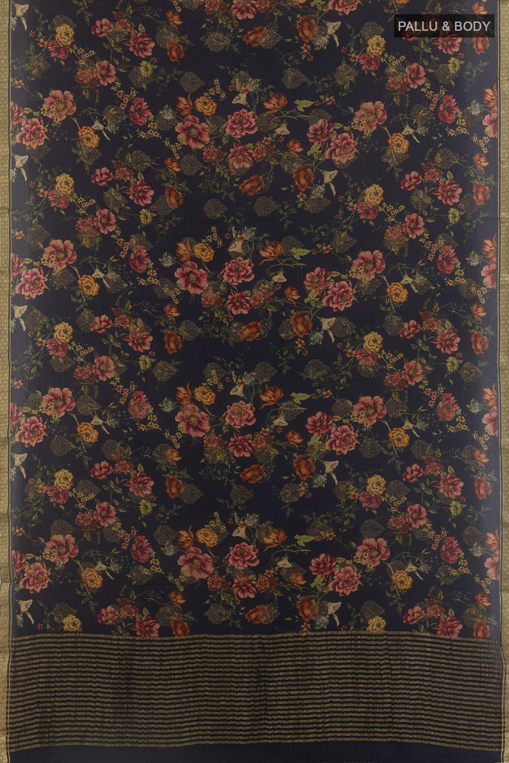 Flat view of Navy Blue Mysore Chiffon Saree with Floral Print on the body and Zari Border. 