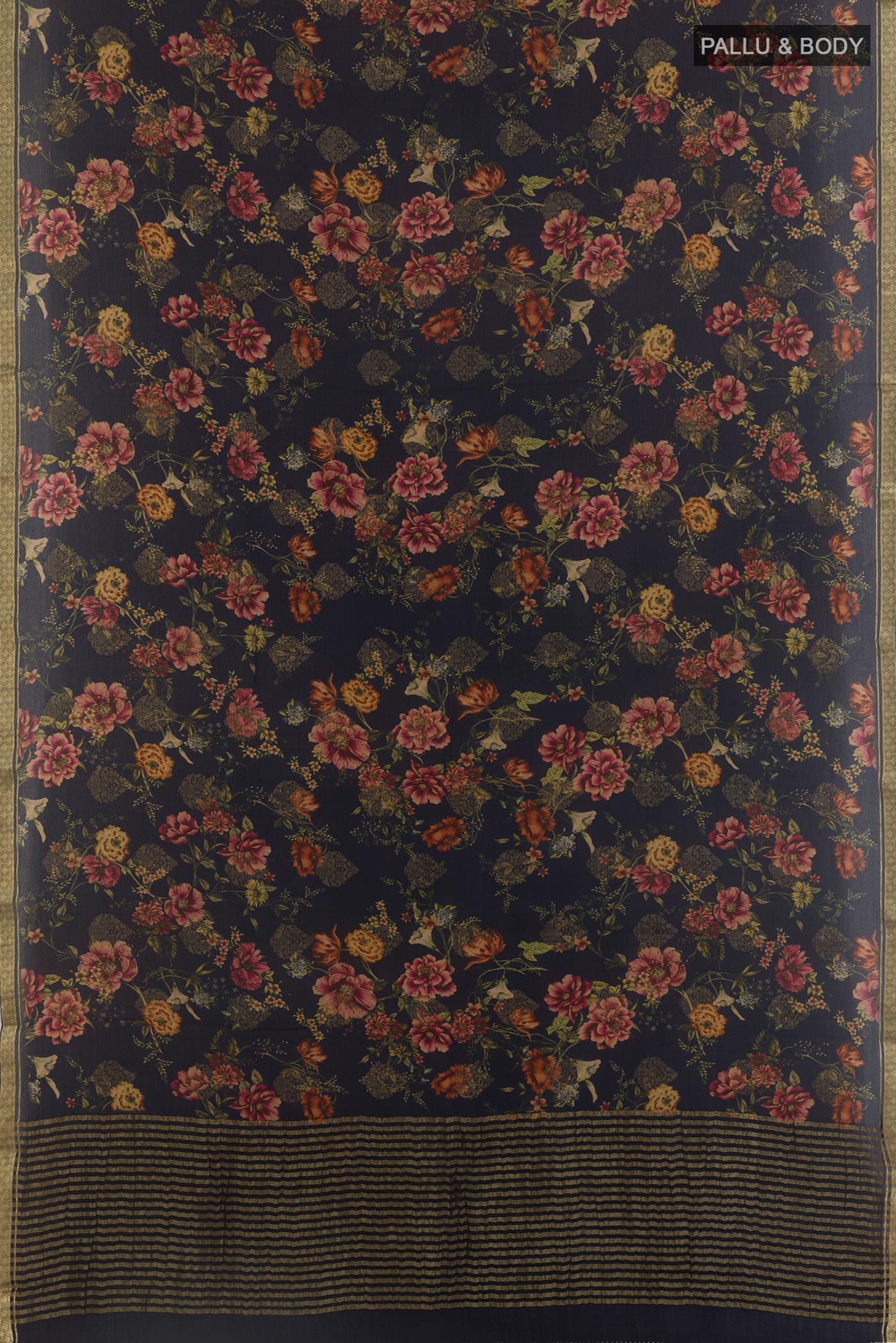 Flat view of Navy Blue Mysore Chiffon Saree with Floral Print on the body and Zari Border. 