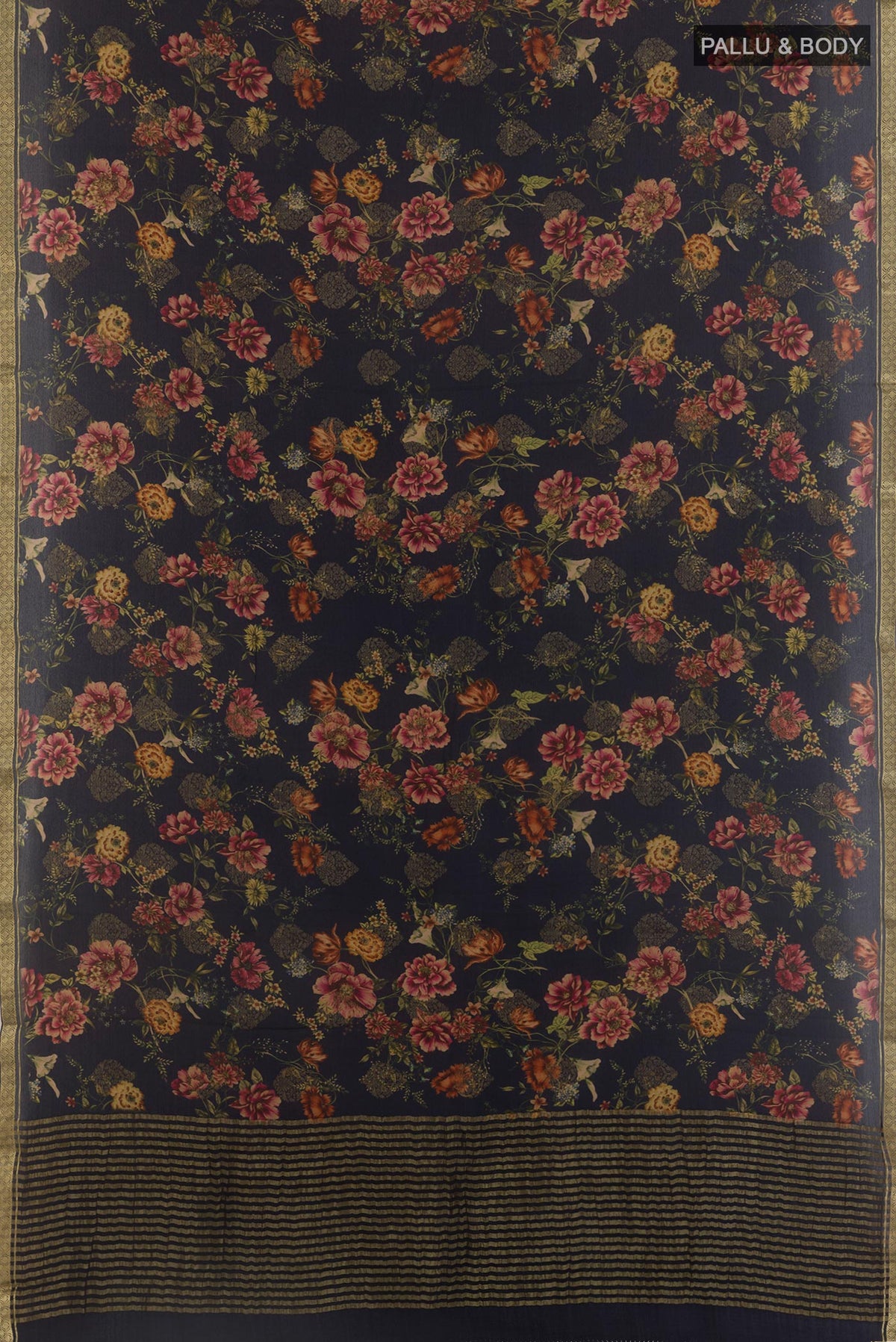 Flat view of Navy Blue Mysore Chiffon Saree with Floral Print on the body and Zari Border. 