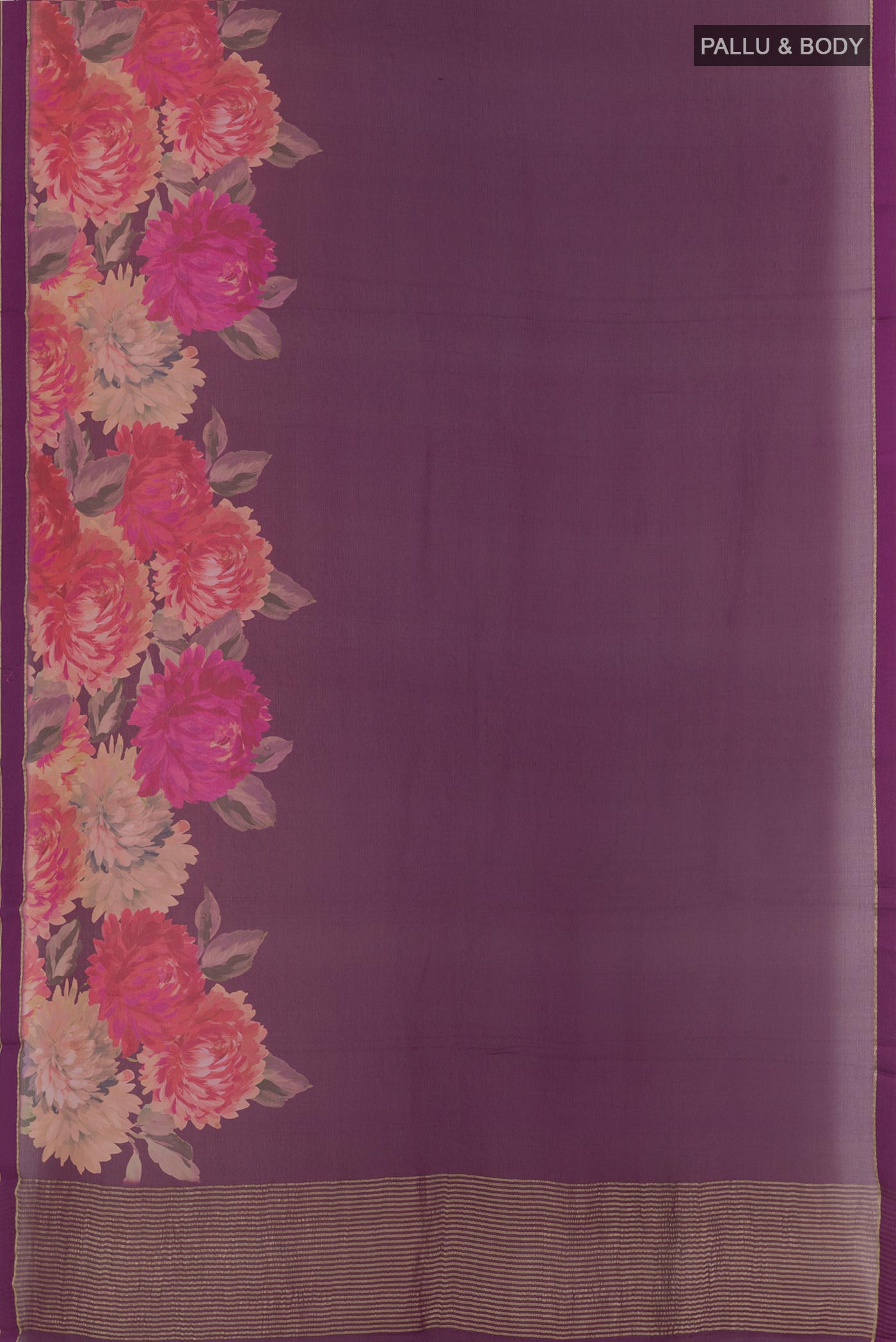 Flat view of Purple Chiffon Saree with Printed design on the body and Plain Border. 