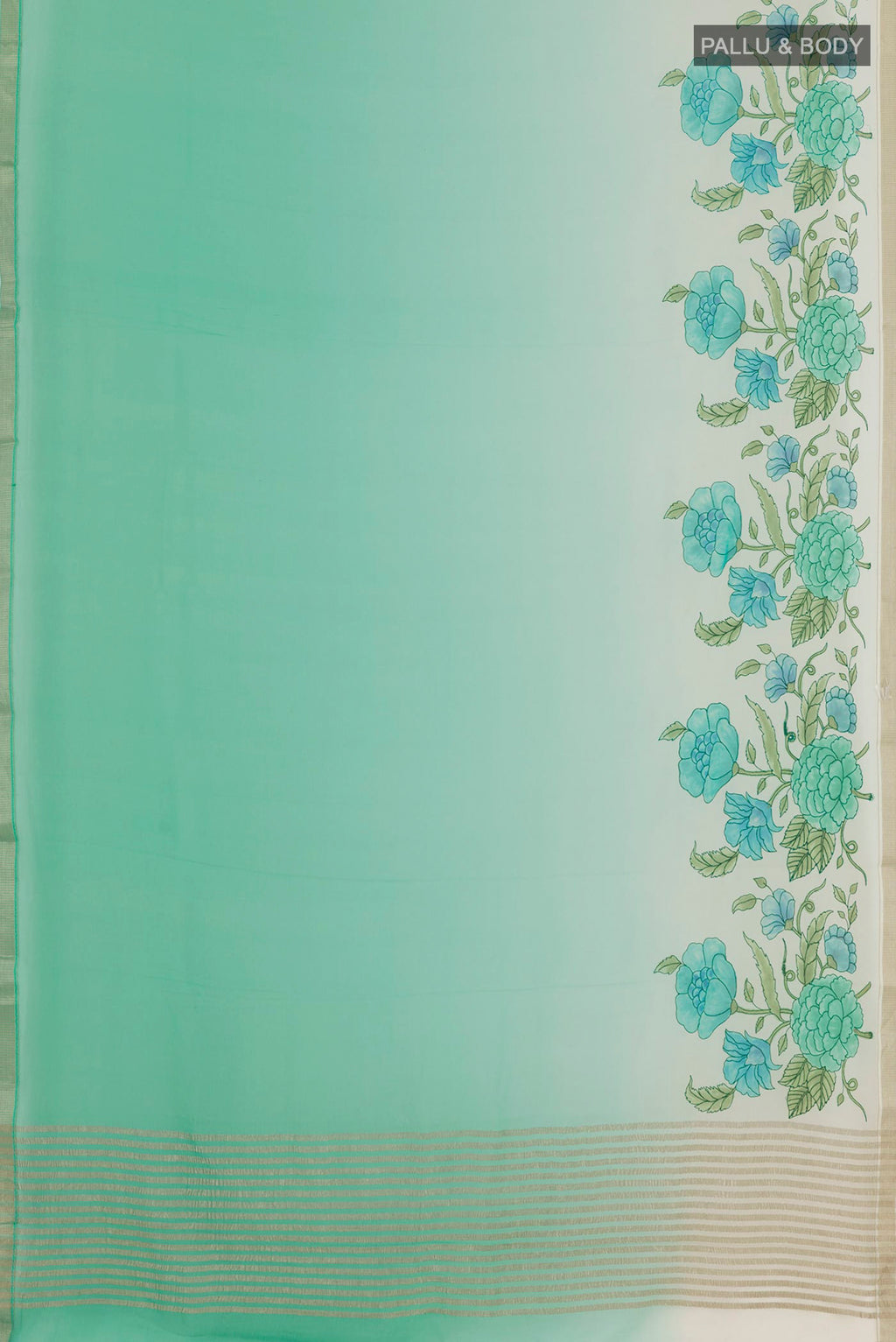 Flat view of Green Mysore Chiffon Saree with Printed design on the body and Zari Border. 