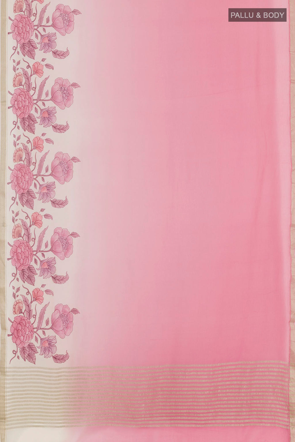 Flat view of Pink Mysore Chiffon Saree with Printed design on the body and Zari Border. 