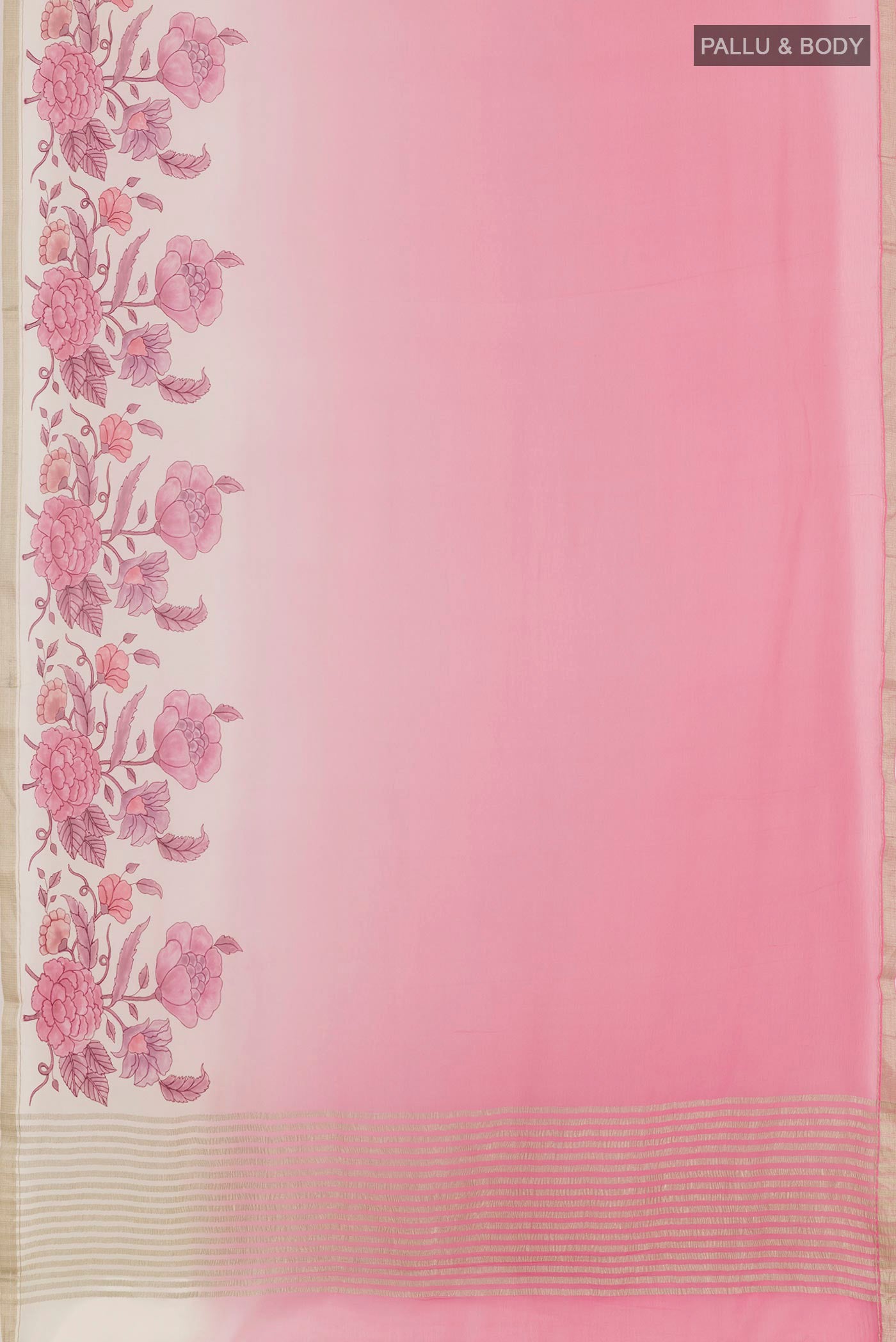 Flat view of Pink Mysore Chiffon Saree with Printed design on the body and Zari Border. 