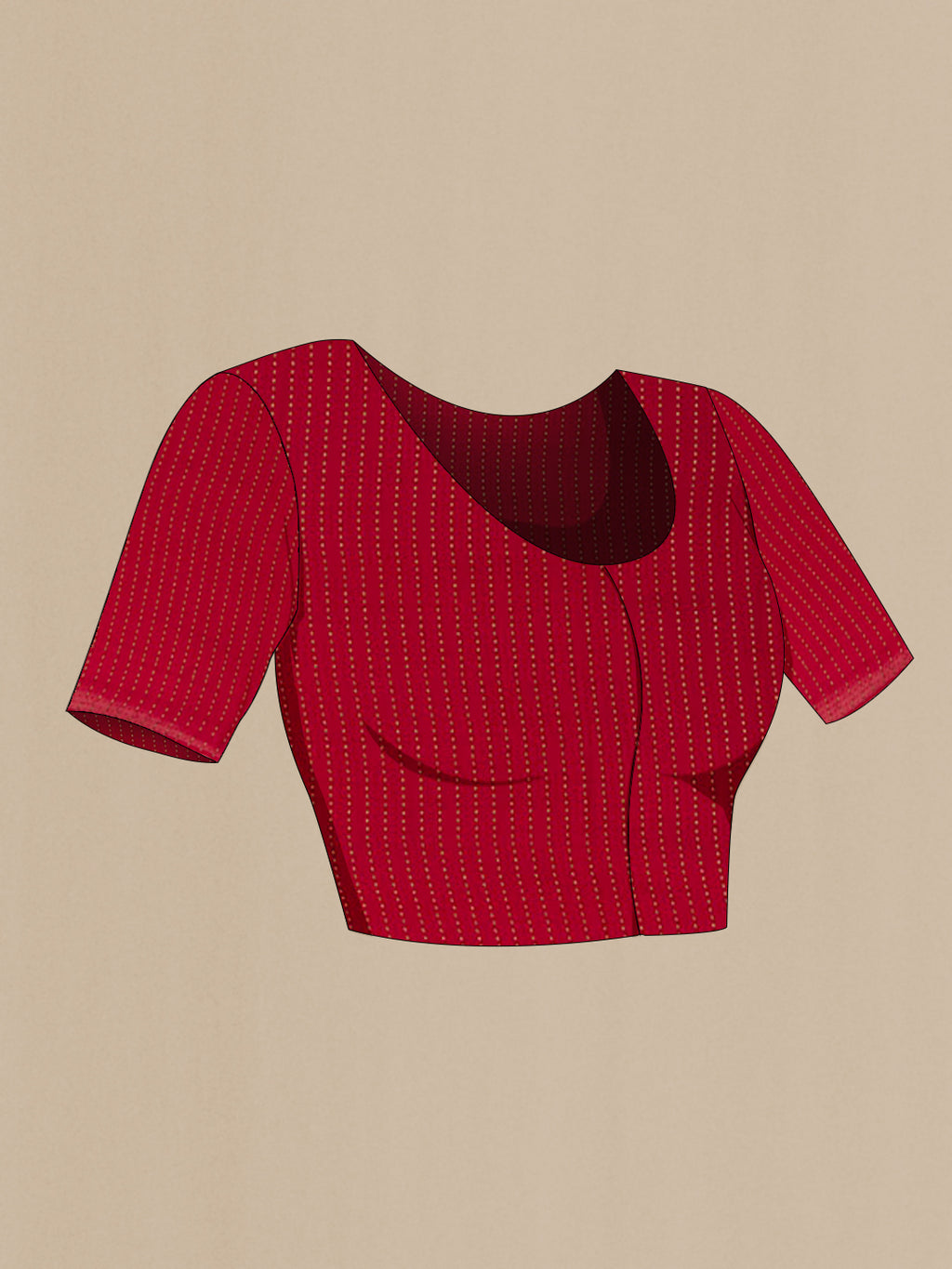 Close up image of the blouse of Red Mysore Crepe Saree with Stripes on the body and Zari Border. 