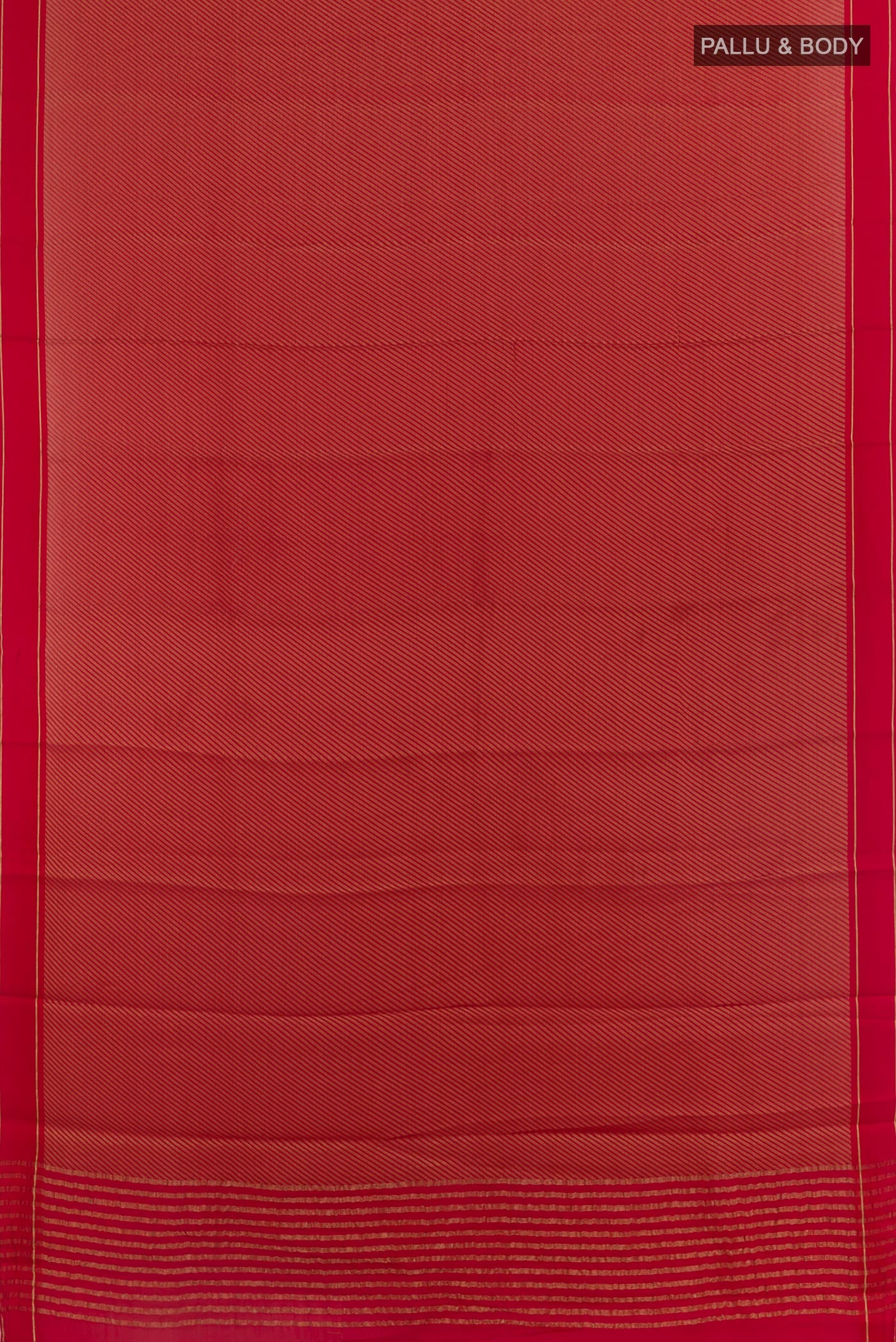 Flat view of Red Mysore Crepe Saree with Stripes on the body and Zari Border. 