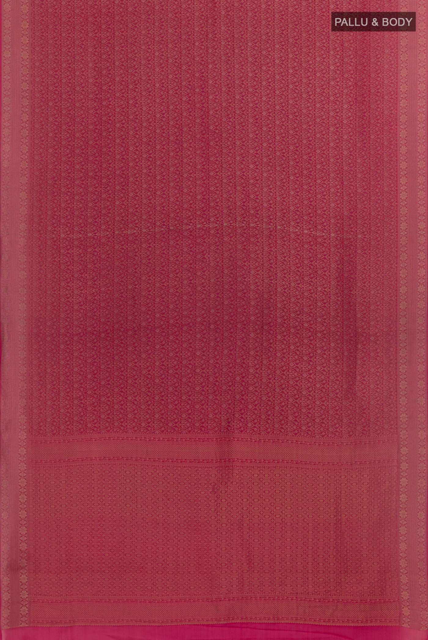 Flat view of Dark Pink Mysore Crepe Saree with Zari Brocade on the body and Zari Border. 