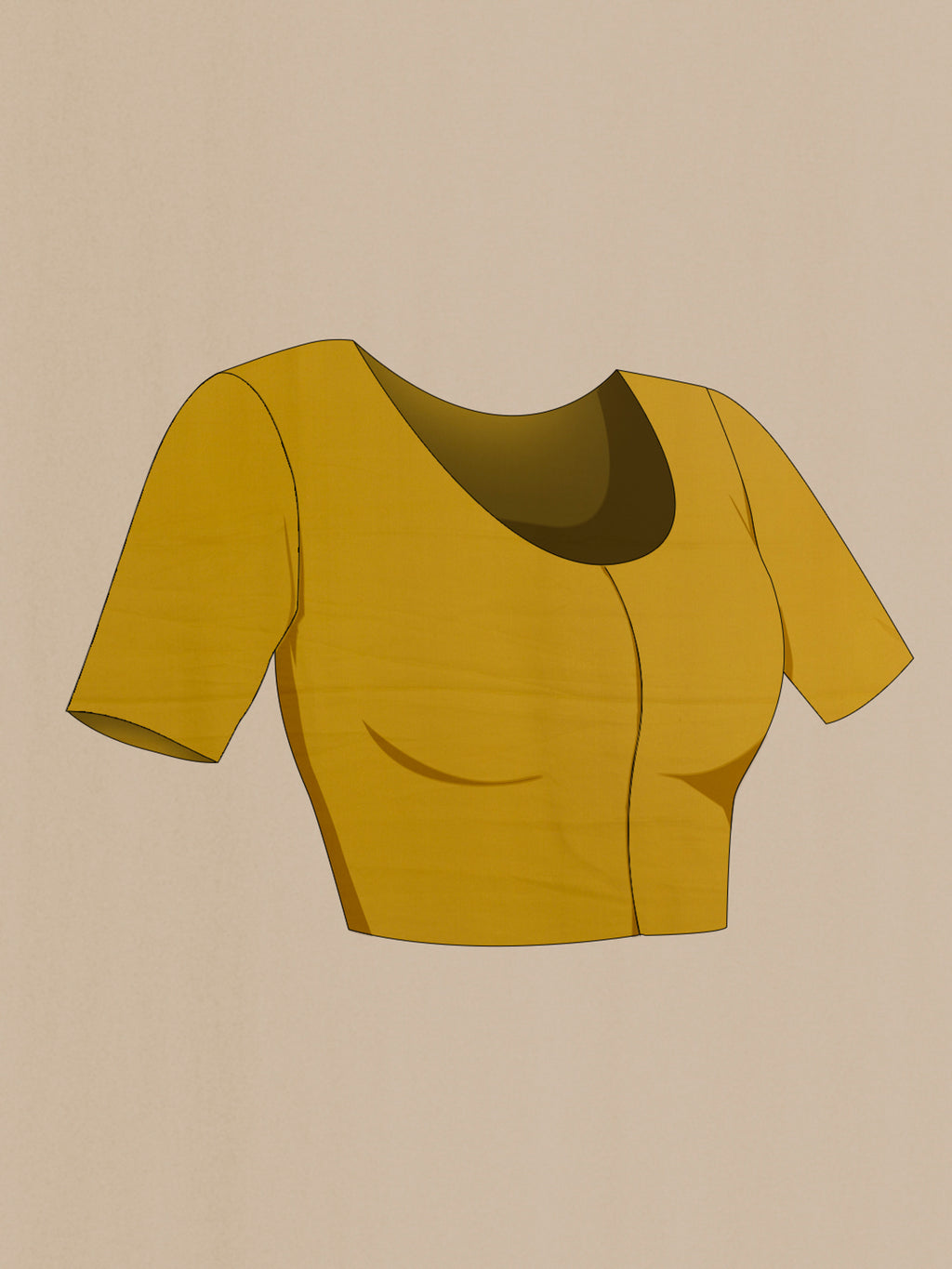 Close up image of the blouse of Pure Silk Mustard Mysore Crepe Saree with Zari Brocade on the body and Zari Border. 