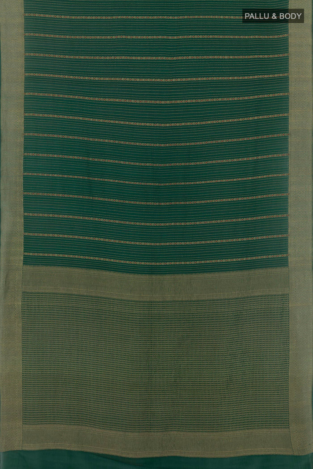 Flat view of Green Mysore Crepe Saree with Stripes on the body and Zari Border. 