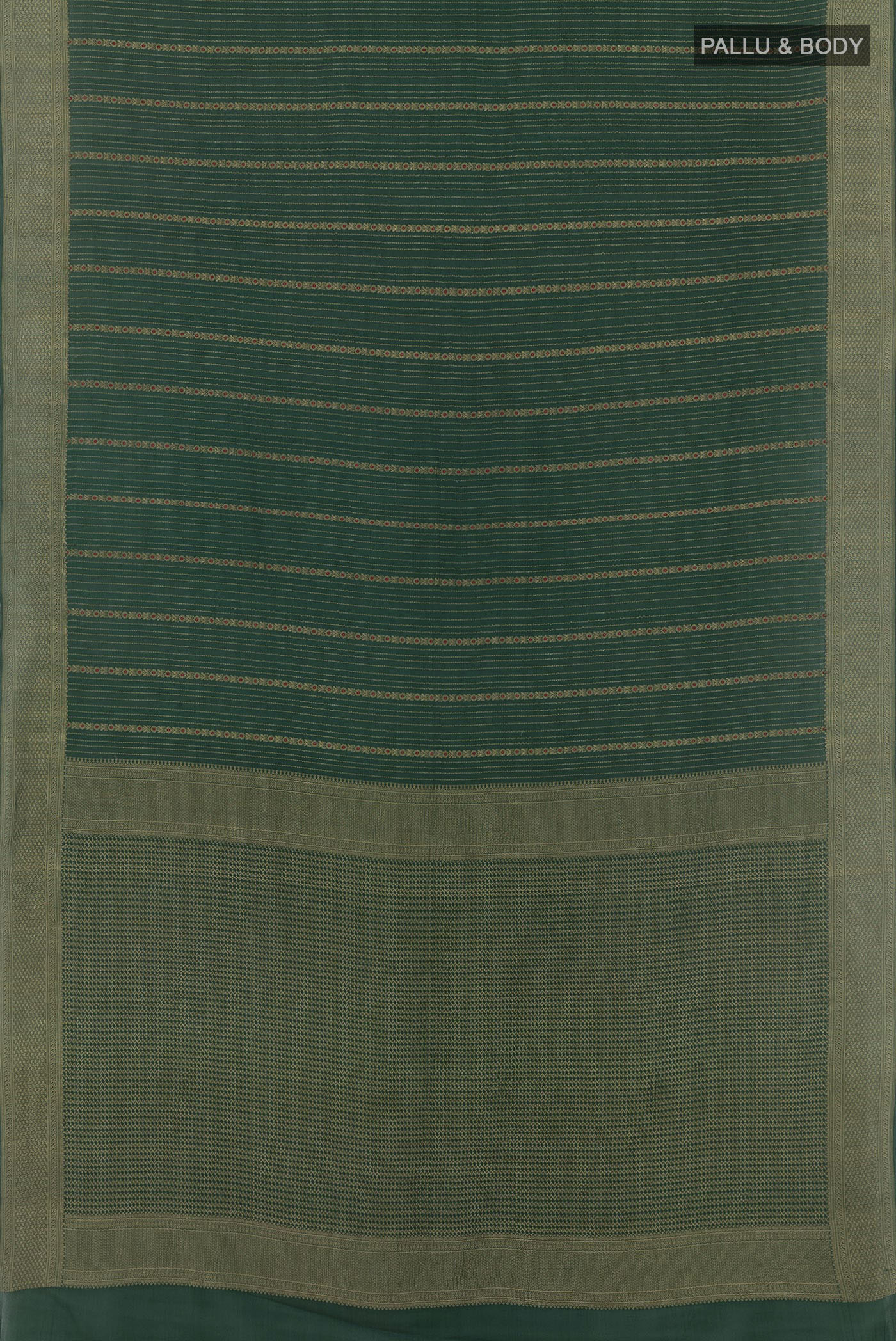 Flat view of Green Mysore Crepe Saree with Stripes on the body and Zari Border. 