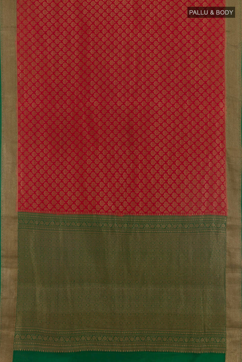 Flat view of Red Mysore Crepe Saree with Zari Butta on the body and Zari Border. 