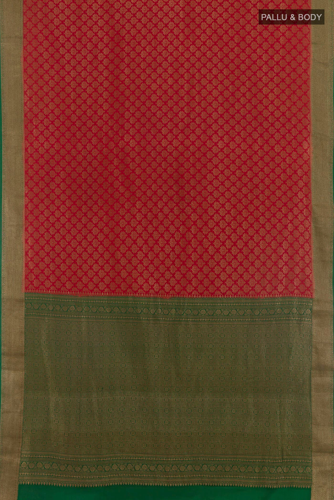 Flat view of Red Mysore Crepe Saree with Zari Butta on the body and Zari Border. 