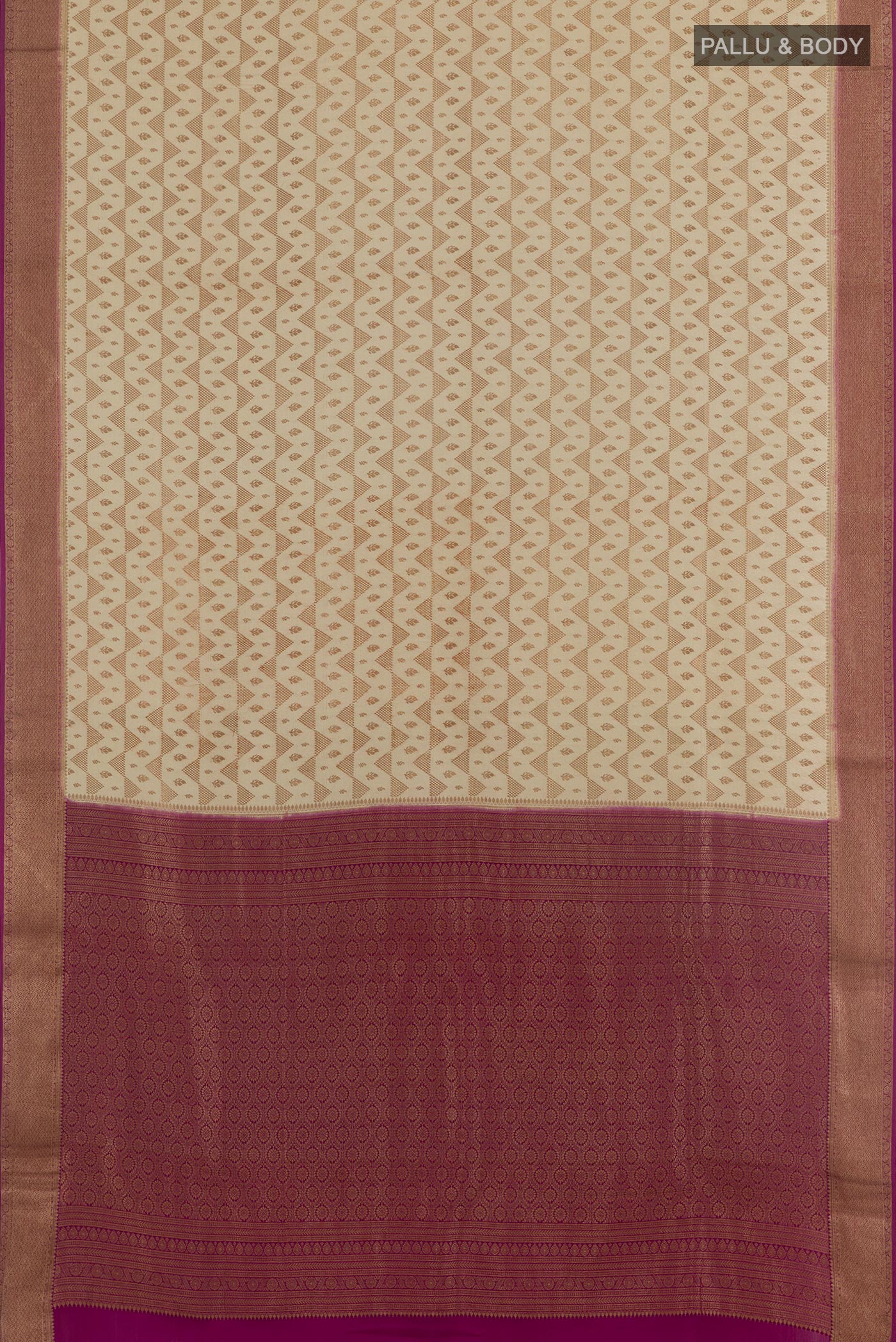 Flat view of Off White Mysore Crepe Saree with Zari Brocade on the body and Zari Border. 