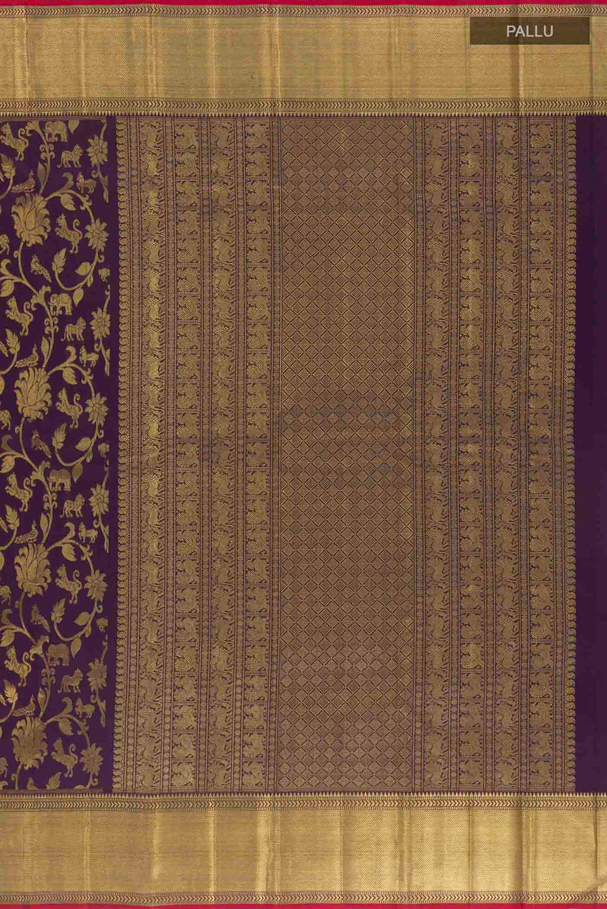 Close up image of the pallu of Pure Silk Pure Zari Purple Kanchipuram Saree with Zari Brocade on the body and Zari Border